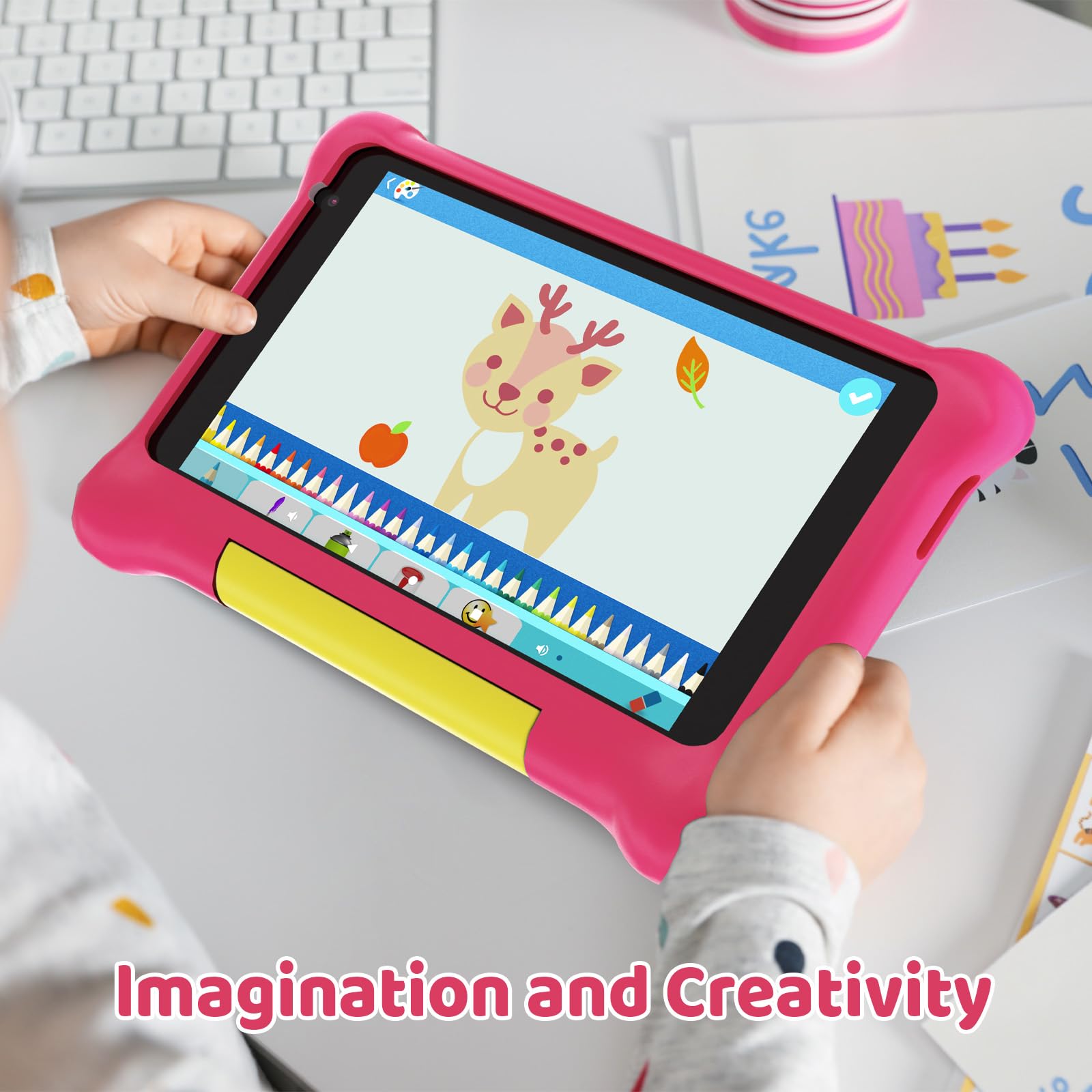 Tablette Enfants 7 Pouces Android 13 5GB RAM 32GB ROM Applications Pré-Installé Contrôle Parental Bluetooth WiFi Éducative avec Kid-Proof Étui Rose