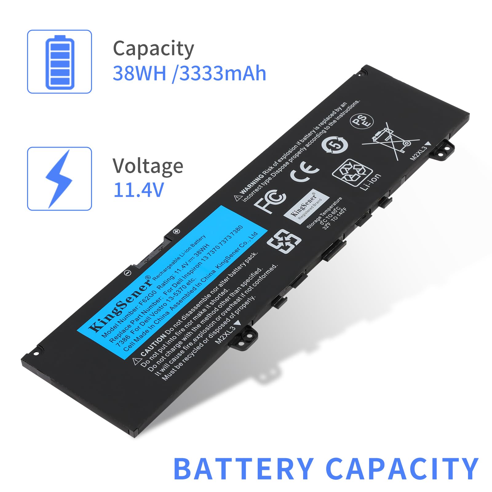 F62G0 Batterie pour Dell Inspiron 7370 7373 7380 7386 38Wh