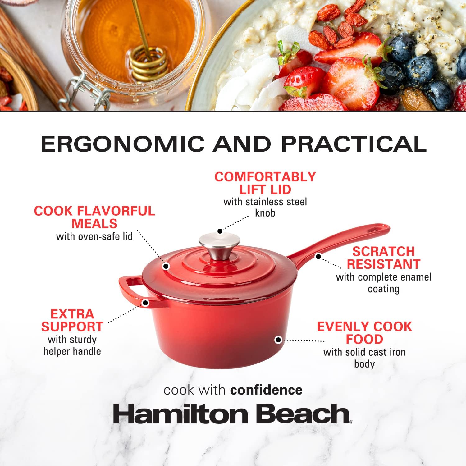 Hamilton Beach Enameled Cast Iron Sauce Pan 2-Quart Red, Cream Enamel coating, Pot For Stove top and Oven Cooking, Even Heat Distribution, Safe Up to 400 Degrees, Durable