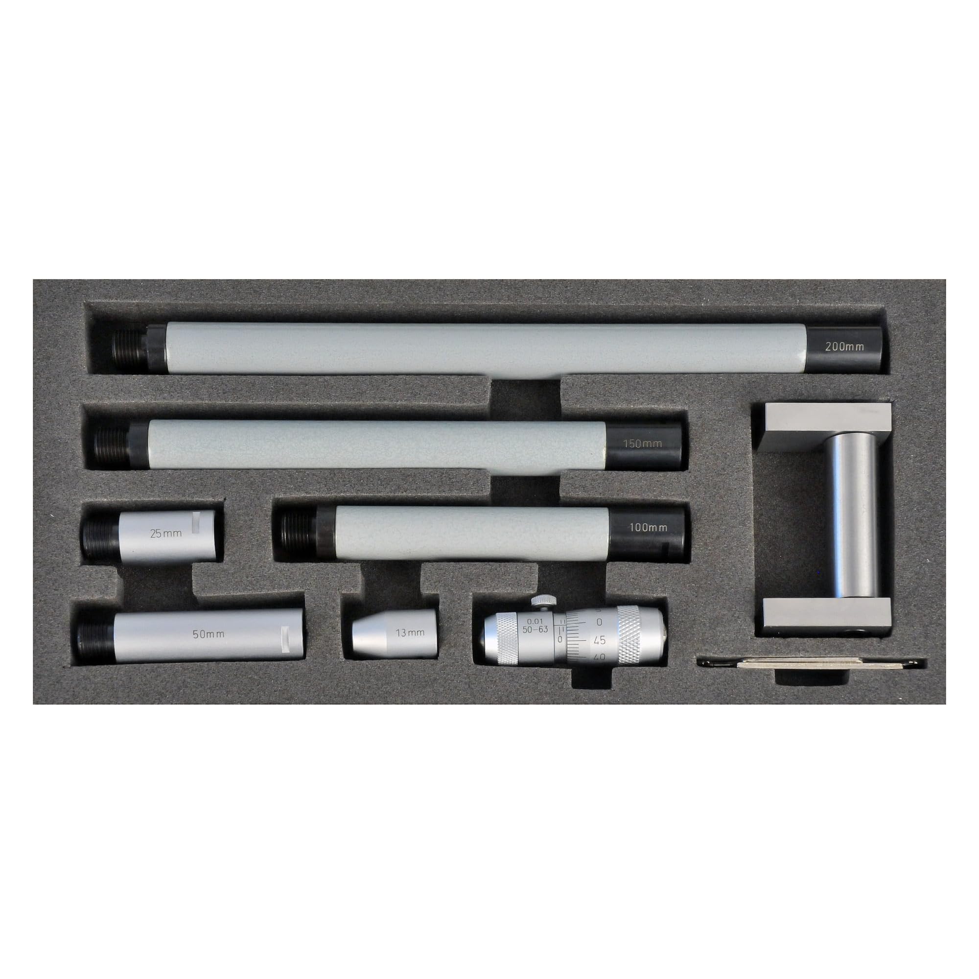 ASIMETO Innenmessschraube zusammensetzbar, Messbereich 50–600 mm, Ablesung 0,01 mm, Hartmetall-Messflächen, Innenmikrometer