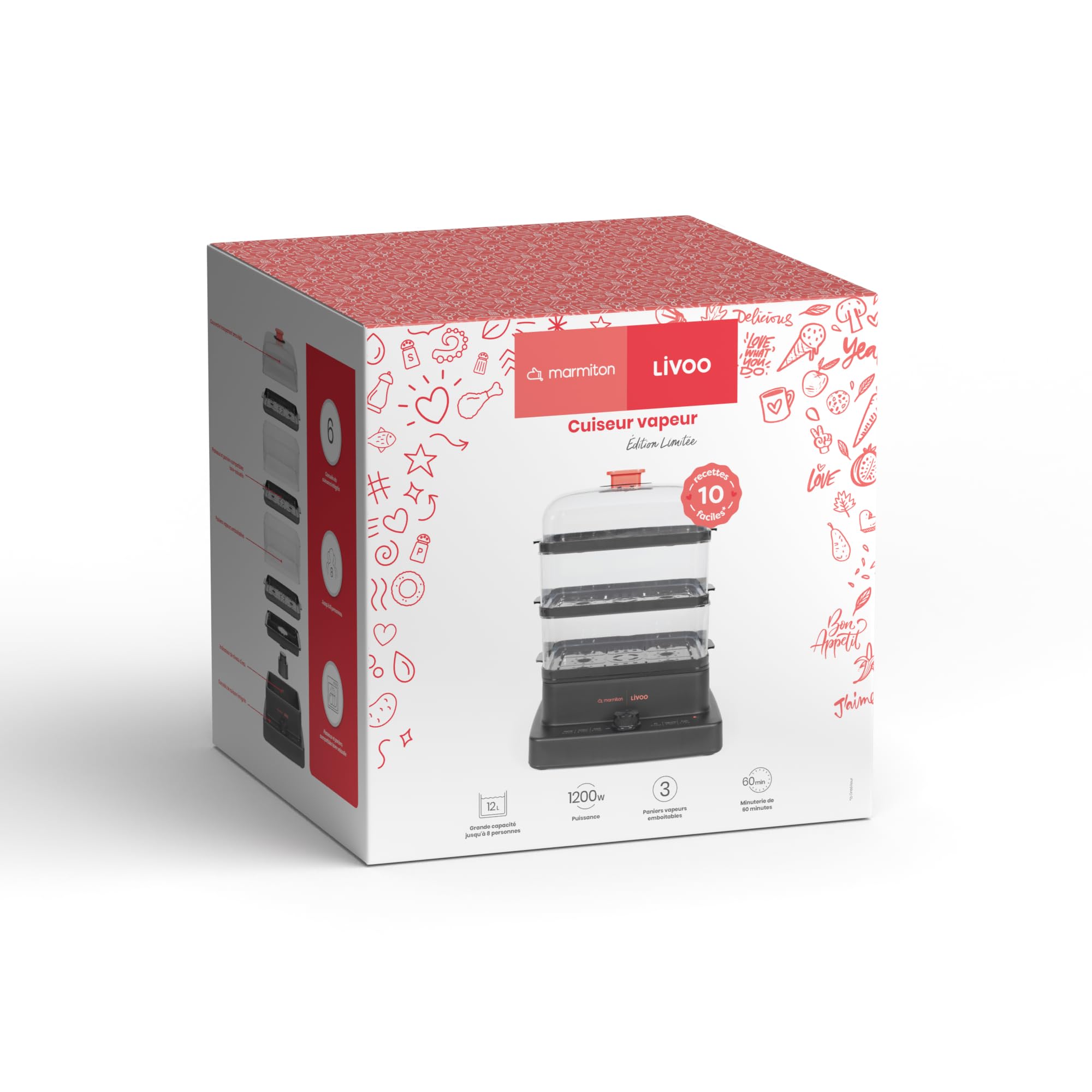 Livoo - Cuiseur Vapeur - Livoo X Marmiton DOC300-3 paniers - 12L - 1000 à 1200W - 20 recettes inclus
