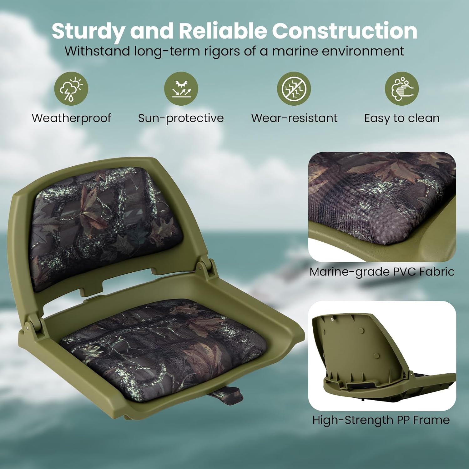 Goplus Boat Seats, Molded Low Back Fishing Boat Chairs, Marine-Grade PVC Cushion Pad for Back & Seat, 5 Bolts Included, Flip-up Jon Boat Seats, Bass Boat Cabin Seating (1 Pack-Camo Green)