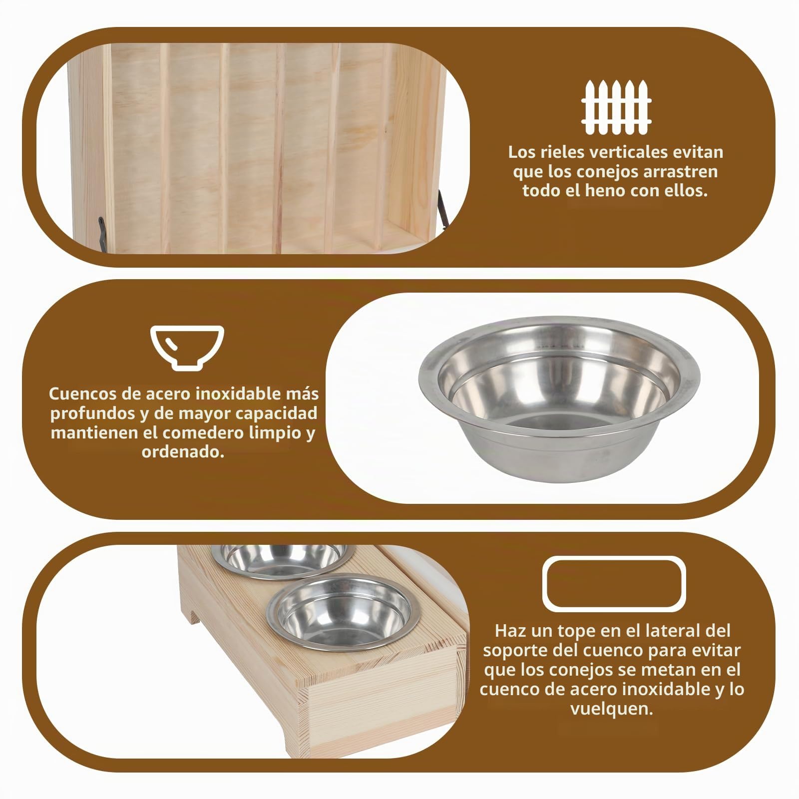 Dispensador de comida para heno de conejo, comedero de heno con caja de plástico para gatos, inodoro, cuencos y botella de agua, comedero de heno, conejo de madera para cobayas, hámsteres, animales
