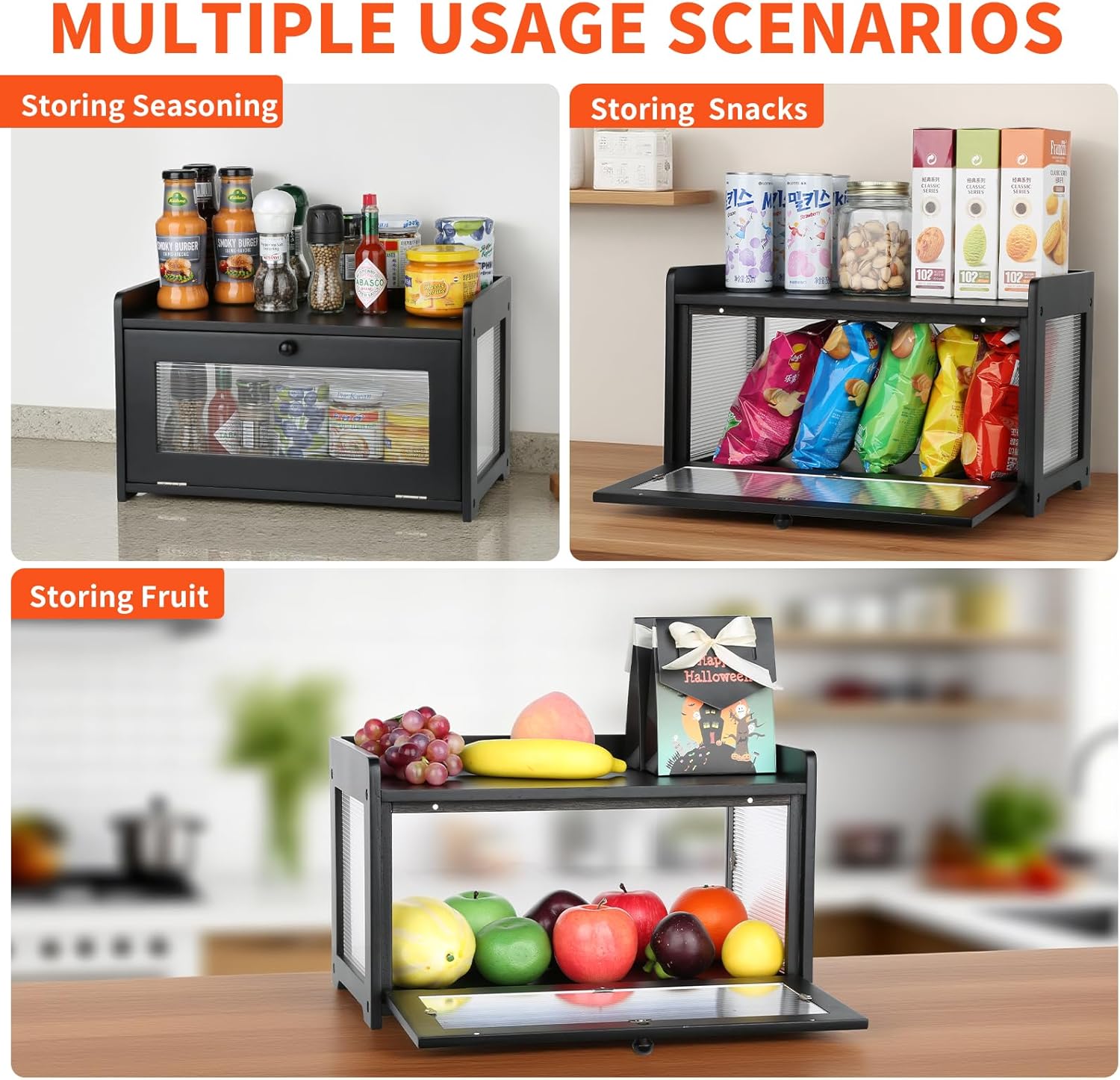 Bread Box for Kitchen Countertop - Wooden Bread Box for Homemade Bread,Large Capacity Bread Storage Container for Kitchen Counter,Easy Assembly & No Smell Bread Holder for Corner,Cabinet,Pantry(Black)