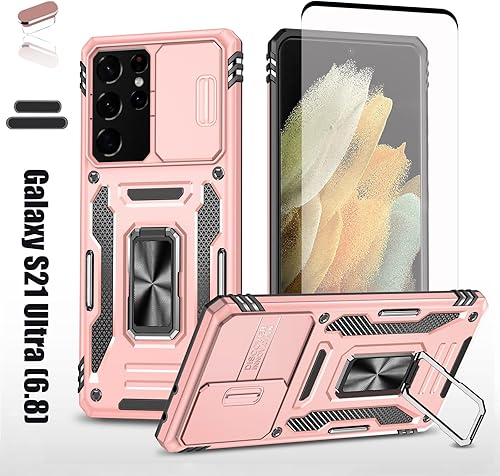 Funda resistente para Samsung Galaxy S21 Ultra, protección híbrida de goma de doble capa de grado militar con protector de cámara deslizante,