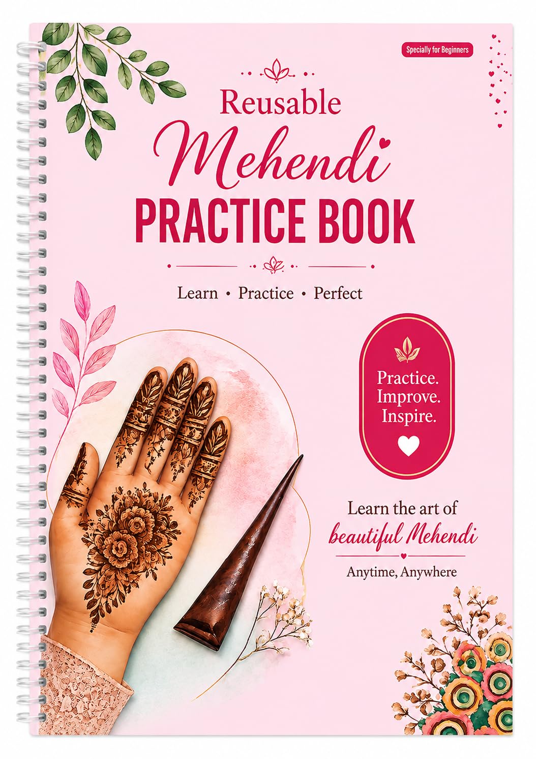 Mehndi & Henna Practice Book | Reusable 20-Page Drawing & Tracing Book | Step-by-Step Guide to Learn Bridal, Arabic & Traditional Henna Designs | Washable, Easy to Clean | 10,000+ Practice Uses for Beginners & Professionals-image-26