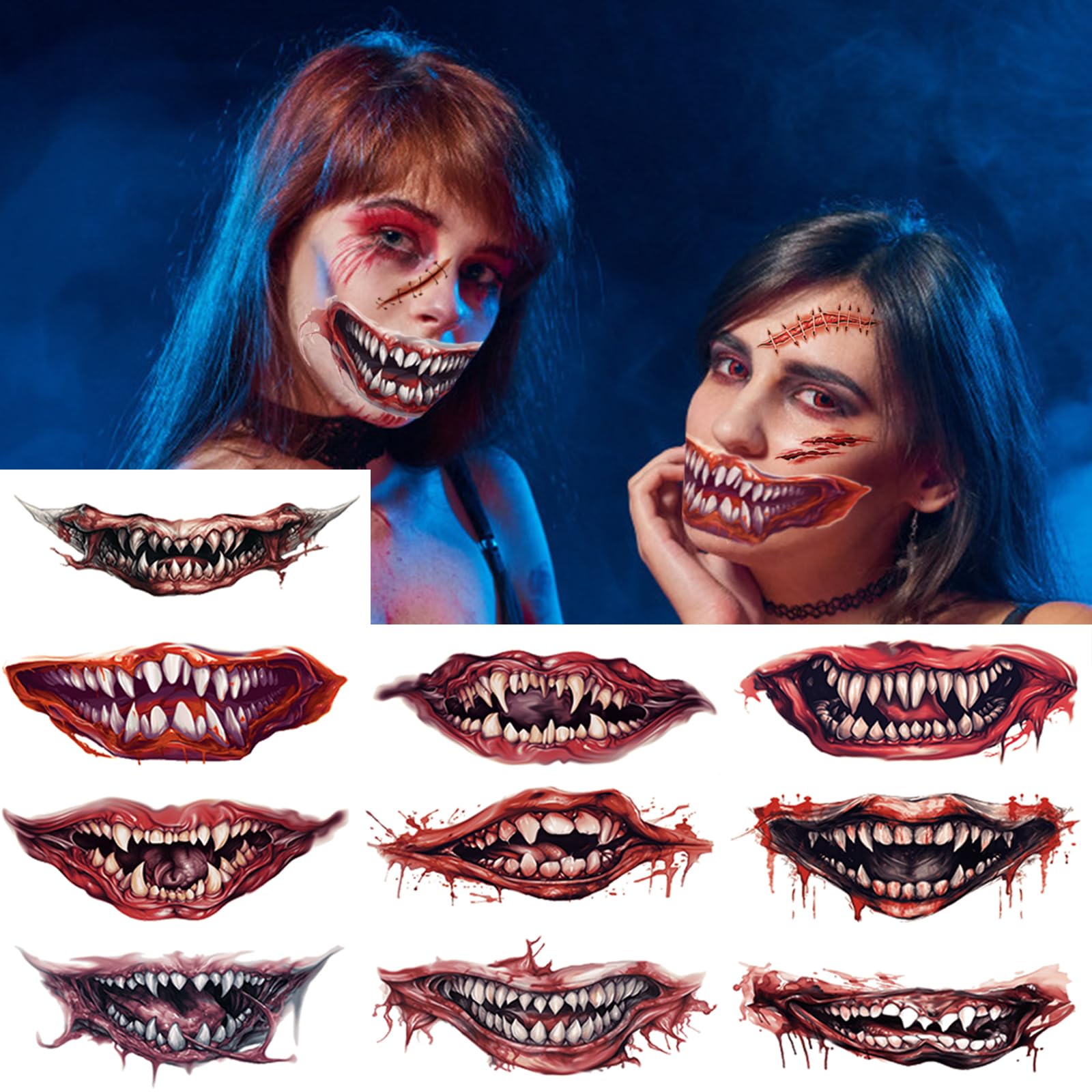 Halloween Gesichts-Tattoos – 10 Blätter Mit Totenkopf & Blumen, Wasserfest, Temporär
