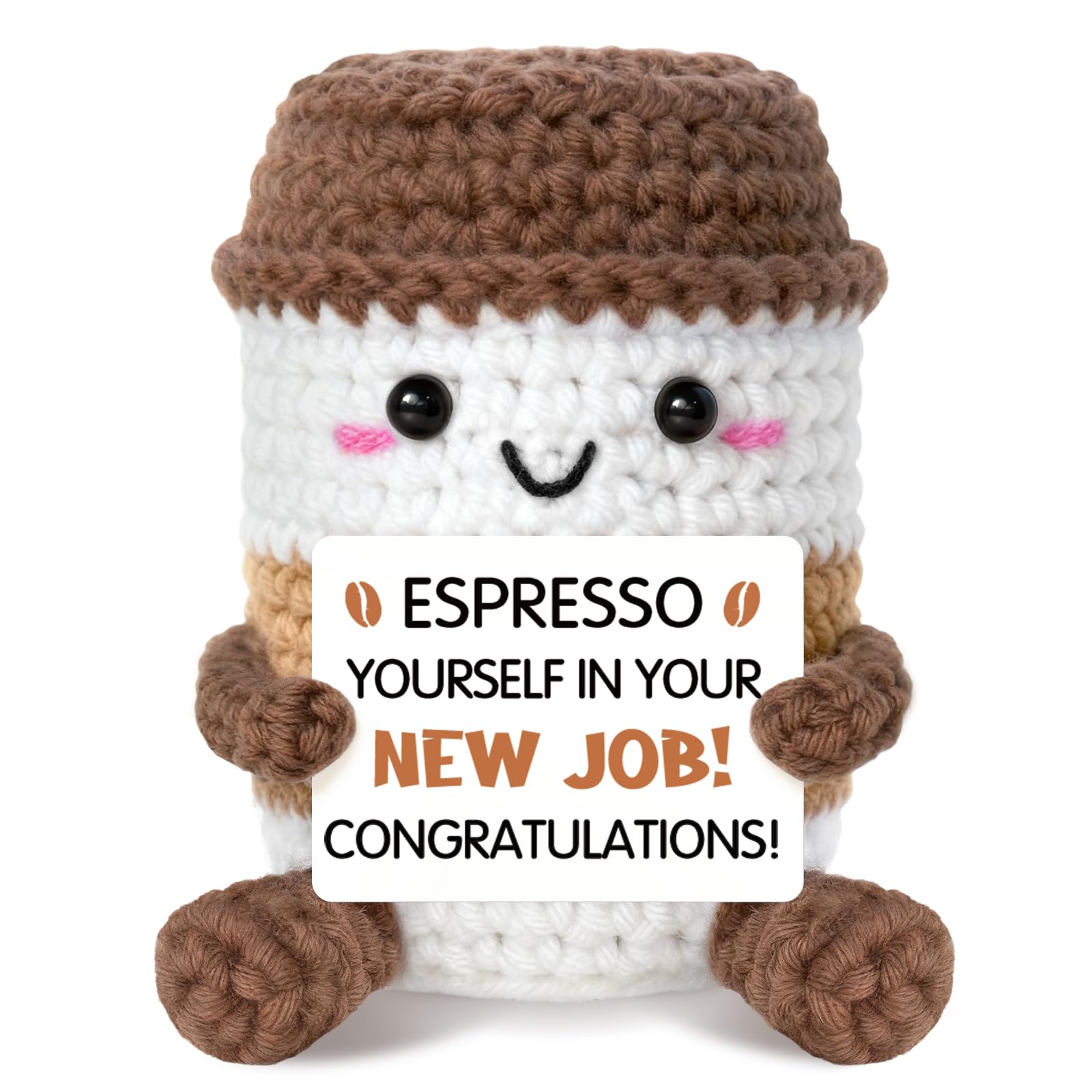 New Job Gifts Knitted Espresso Cup – “Espresso Yourself in Your New Job! Congratulations!” Handmade Crochet Coffee Decoration for Men, Women, Colleague – Funny Good Luck Gift for Starting New Career