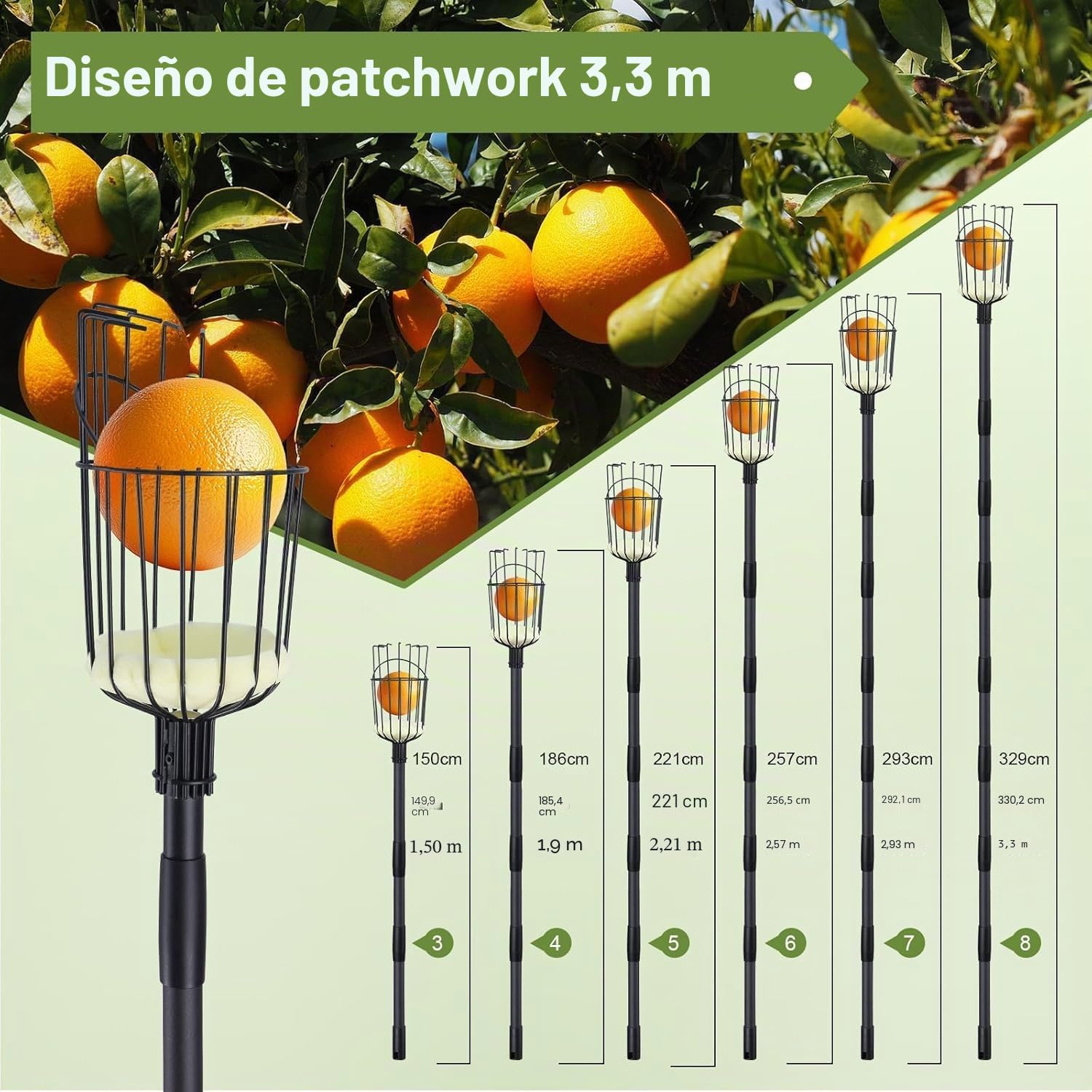 Recogedor de Frutas Ajustable de 115cm a 329cm, Recolector de Frutas, Palo para Recoger Manzanas, Duraznos,Peras