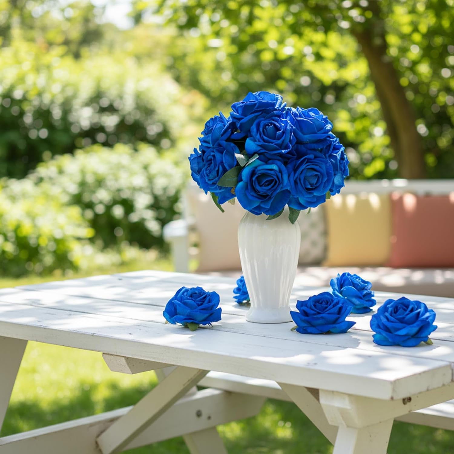 18PCS Blue Velvet Rose Fake Flower Heads Artificial Faux Flower Heads for Craft 4.3 Inch Fake Roses for Bridal Bouquet Bulk Cake Cup Cap Decoration Floral Arrangements