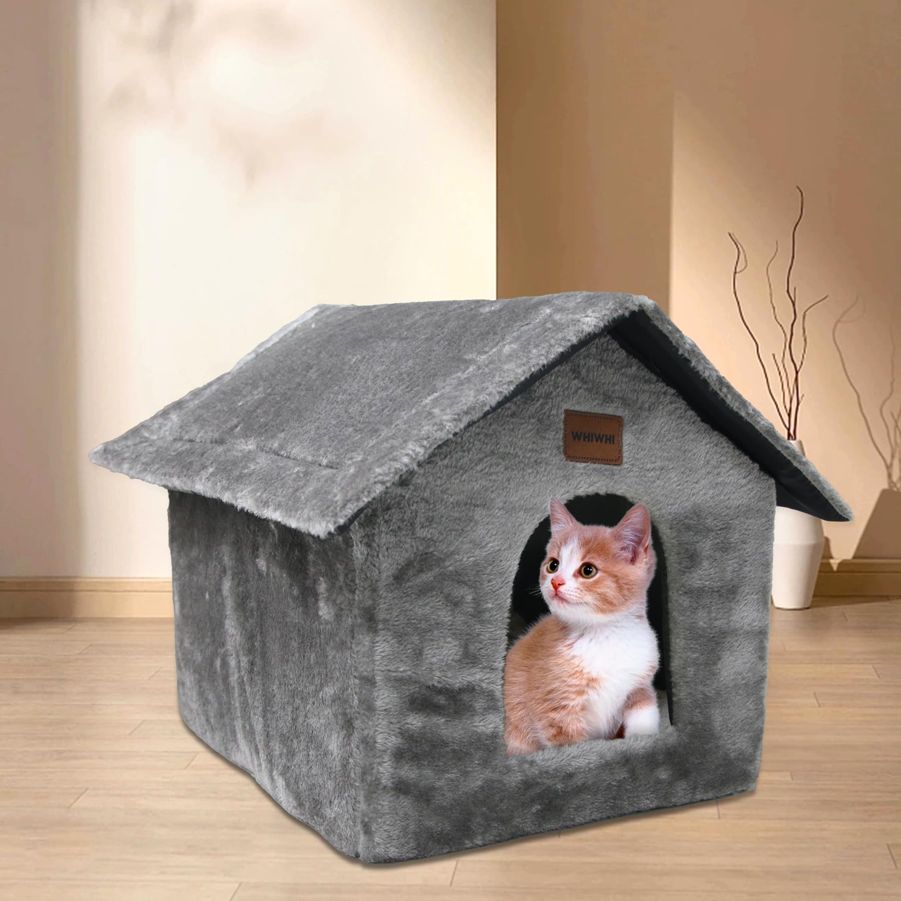 Niche pour Chat d’intérieur avec Coussin en Peluche Maison de Chat Abri Chaud et Confortable Lit pour Chat Panier pour Chat avec Fond Antidérapant 40x35x40cm