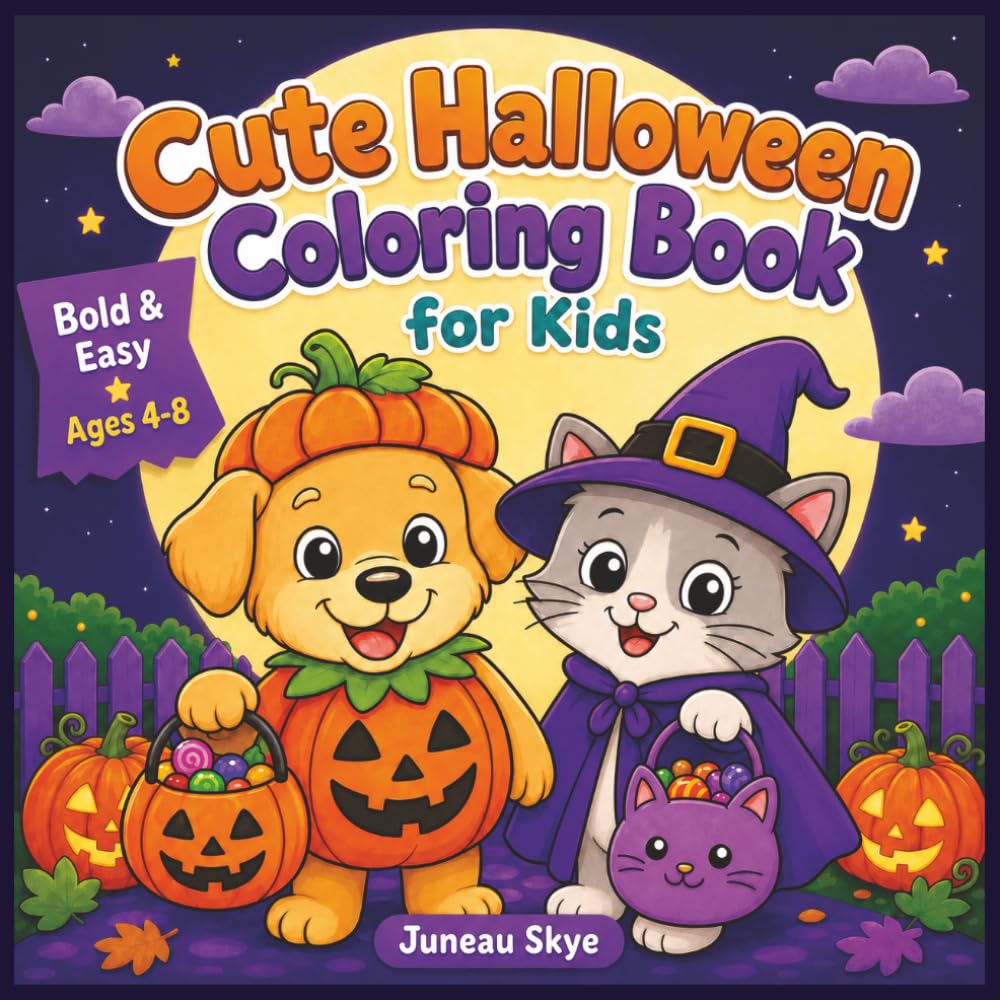 Cute Halloween Coloring Book for Kids: 52 Bold & Easy Halloween Coloring Pages with Cute Ghosts, Pumpkins, Witches, Cats, Bats, and Spooky-Fun Animals for Kids Ages 4-8