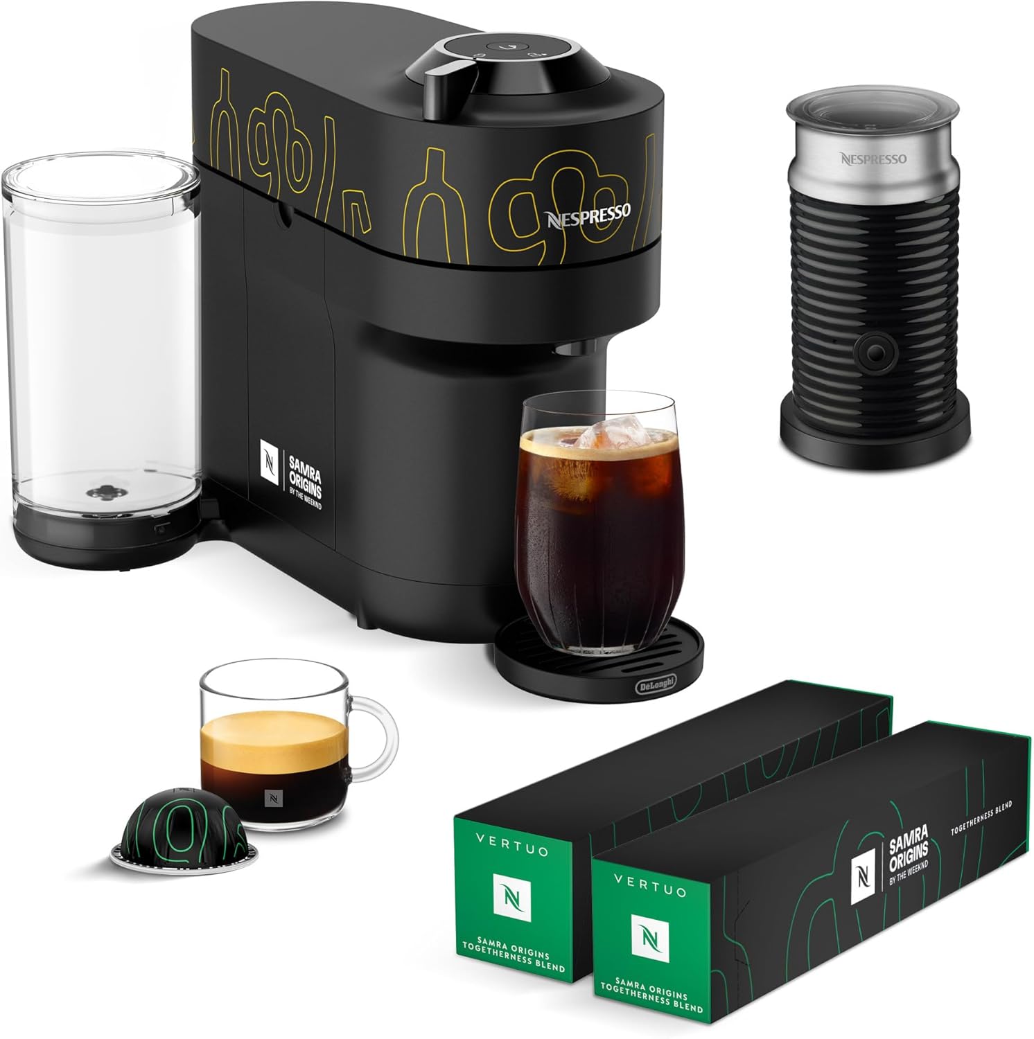 Nespresso Vertuo Pop+ Coffee and Espresso Maker by De'Longhi, Samra Origins by The Weeknd, Aeroccino3 Milk Frother and Togetherness Blend, Double Espresso, Light Roast, 20-Count Coffee Pods