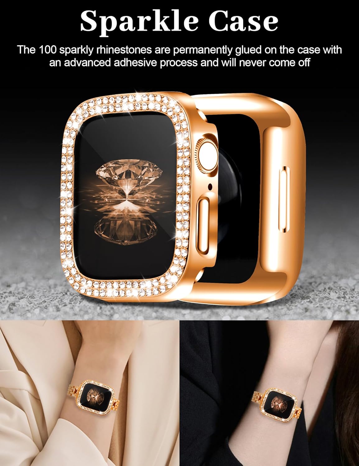 JR.DM Slim Bracelet with Bling Case Compatible with Apple Watch Bands Cover for Women, Dressy D-Shaped Stainless Steel Replacement Strap for iWatch Series 10/9/8/7/6/5/4/3/2/1/SE/Ultra