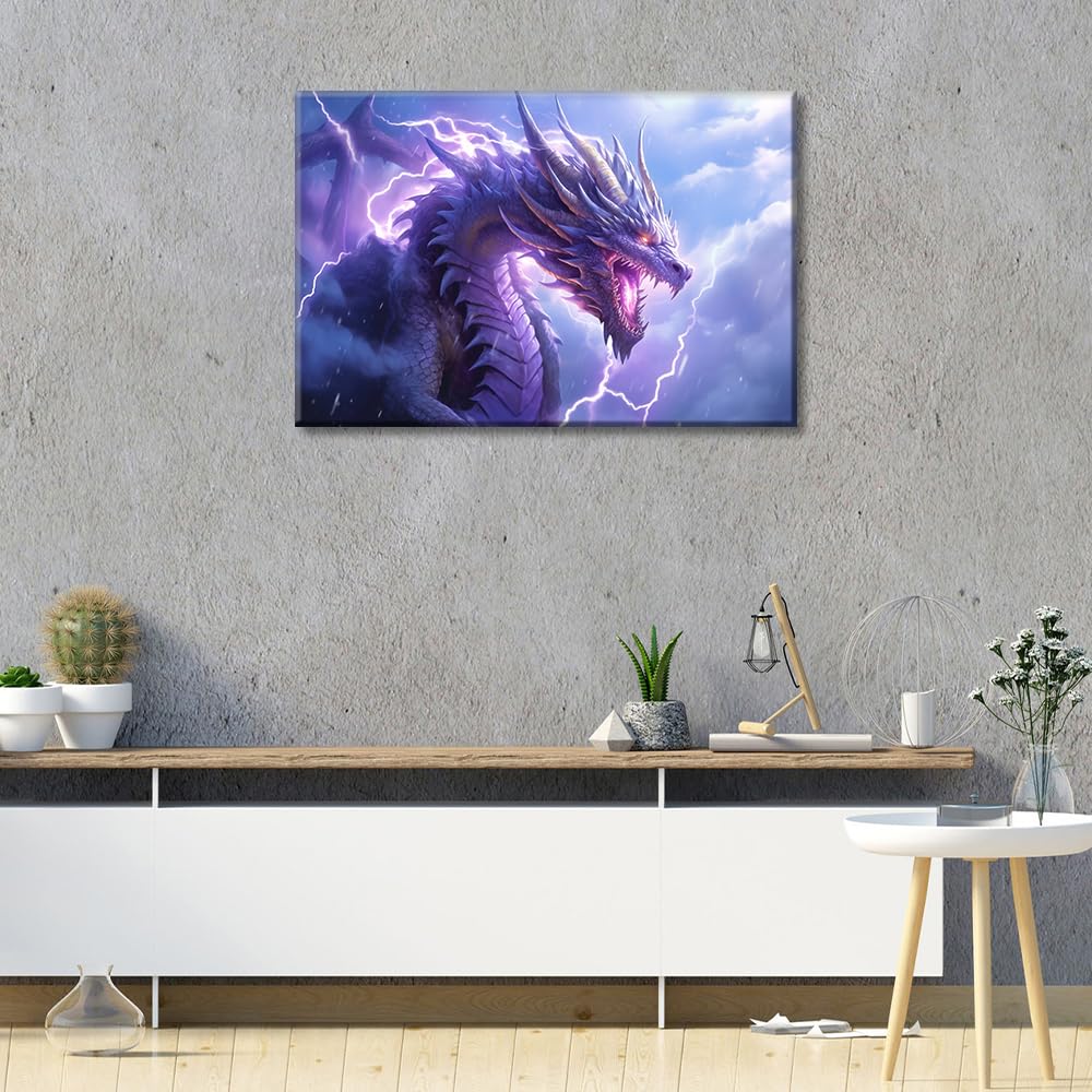 TISHIRON 1 Pieces Dragon Wall Art for Living Room Purple Dragon Pictures Posters & Prints Lightning in the Clouds Wall Decor for Bedroom Modern Artwork Stretched Framed Ready to Hang (16" Wx24 H) - Image 2