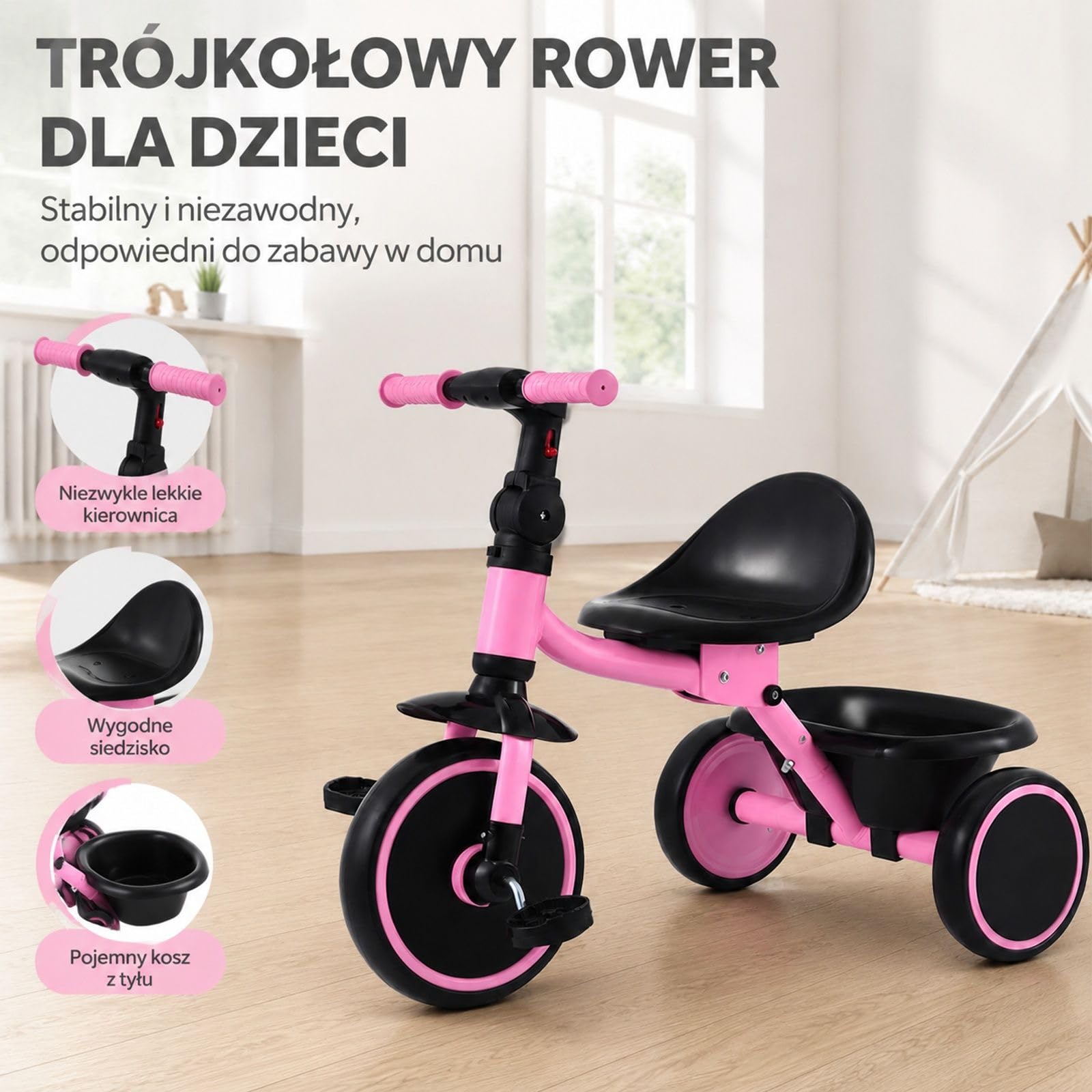 Składany rower trójkołowy z regulowanym siodełkiem, koszykiem, ramą ze stali węglowej i uchwytami na kierownicy, różowo-czarny