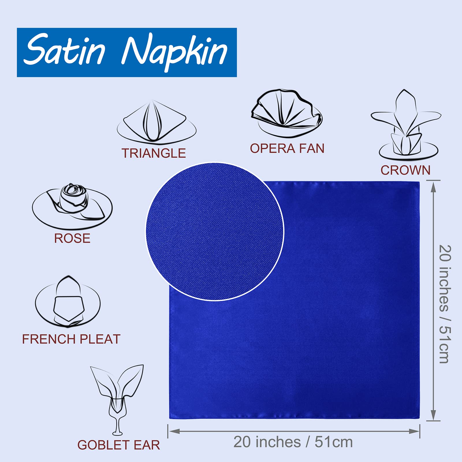 MILVOWOC Satin-Servietten Hellblau 50x50cm - 72 Stück, Waschbar - Für Hochzeit, Dinner, Party