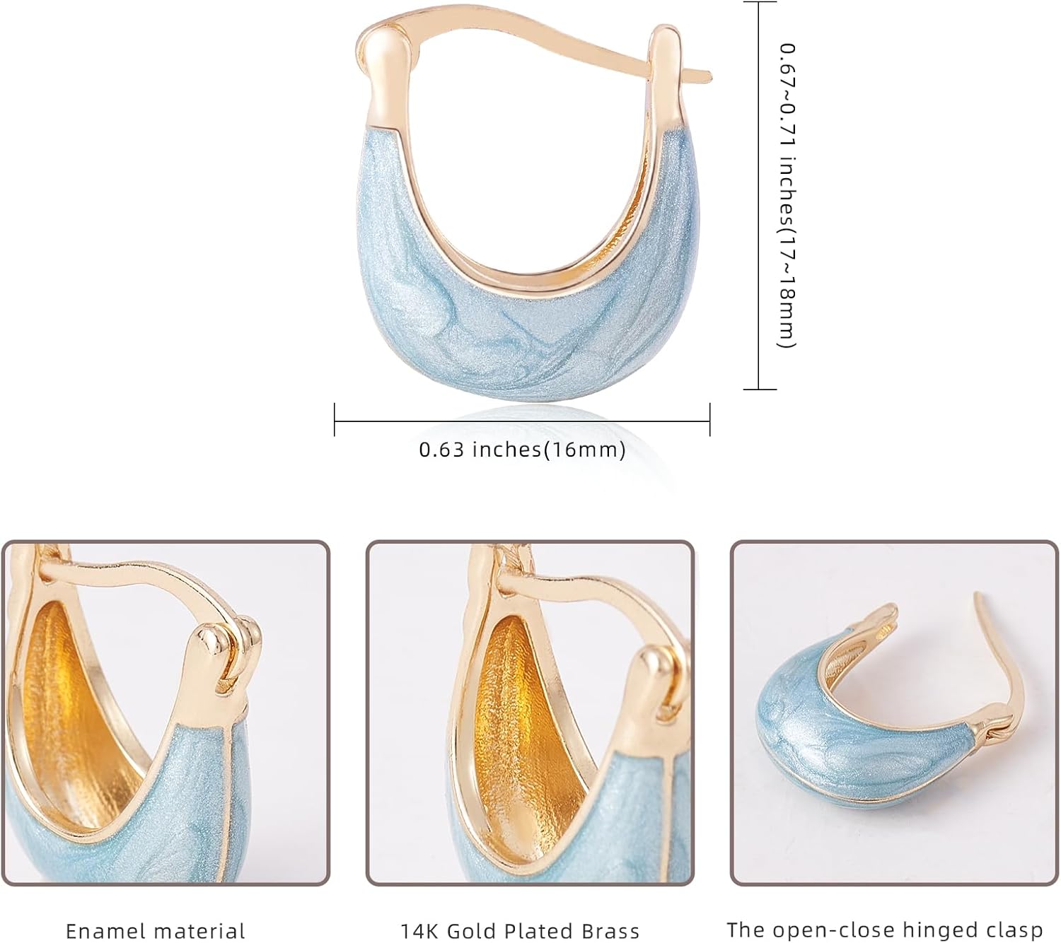 Ornaland U Shape Hoop Earrings, Enamel Earrings U Shape, Gold Plated Thick Lightweight Enamel Huggie Earring for Women Jewelry Gift (Blue) - Image 2