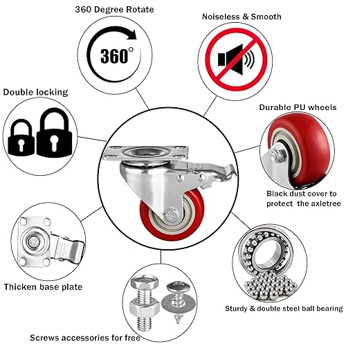 Miniatura 2 de Juego de 4 ruedas giratorias resistentes de 3 pulgadas juego de ruedas giratorias de doble bloqueo con freno ruedas de metal de poliuretano