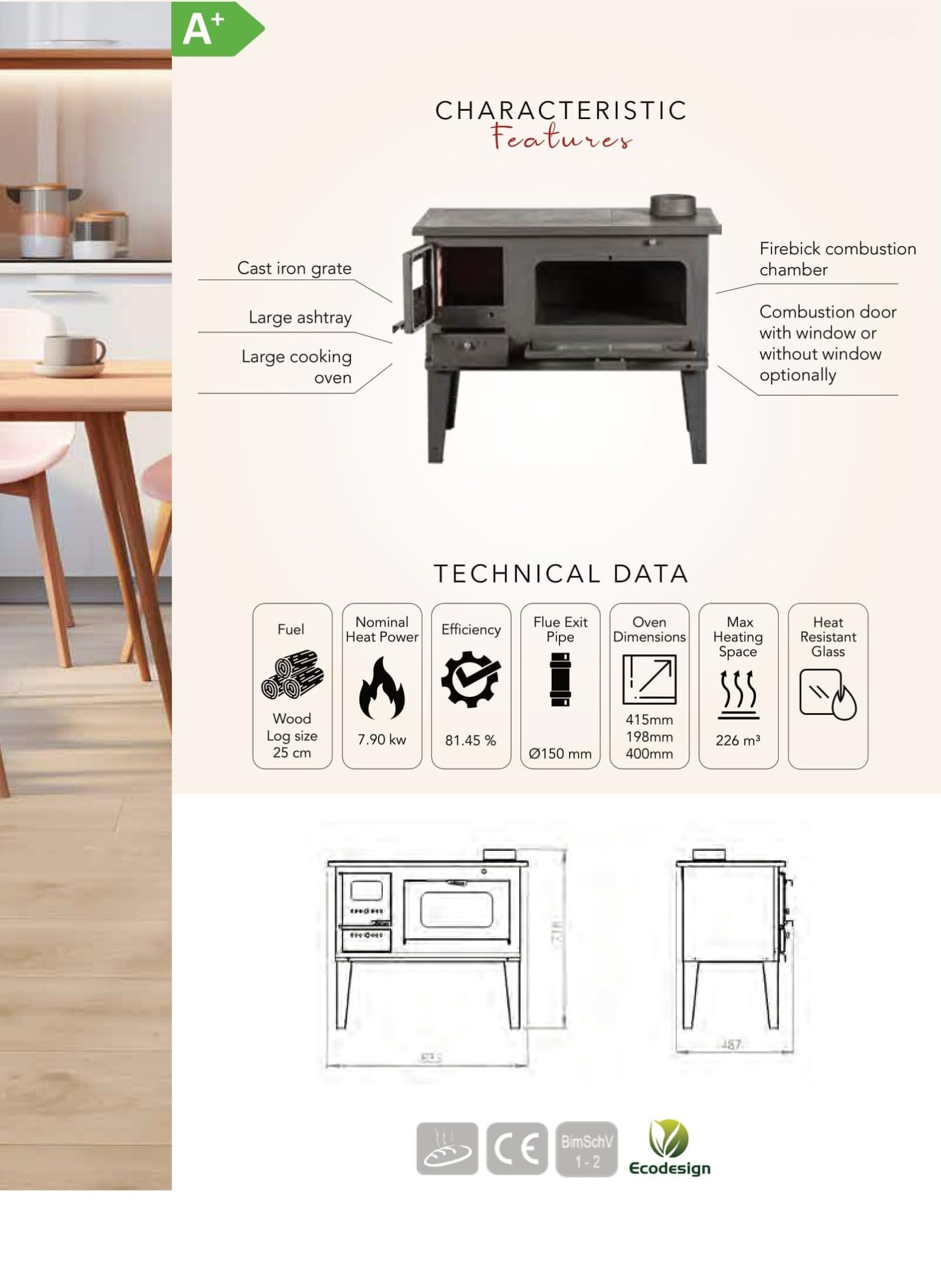 BALKAN ENERGY Cocina de leña de Metal 4014 7.9 kW, Grafito, Negro