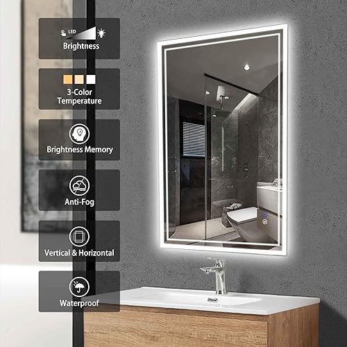 Miniatura 3 de Espejo de baño LED, 28 x 20 pulgadas, espejo de tocador iluminado frontal y retroiluminado, antiniebla, regulable, 3 colores CRI90, espejo LED