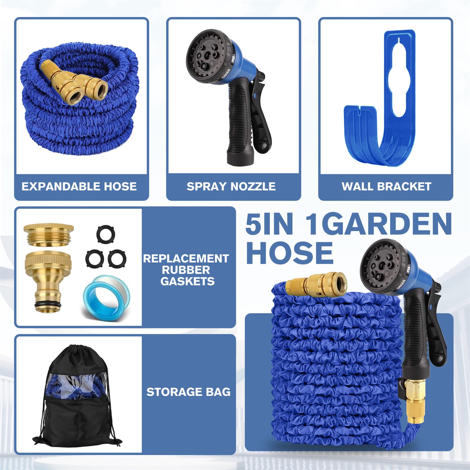 LINGKY Tubo Estensibile da Giardino 60 Metri, Tubo Acqua Giardino per Irrigazione con Raccordi in Ottone da 1/2" e 3/4", Lattice a 3 Strati Resistente, Senza Pieghe, 8 Modalità di Spruzzo