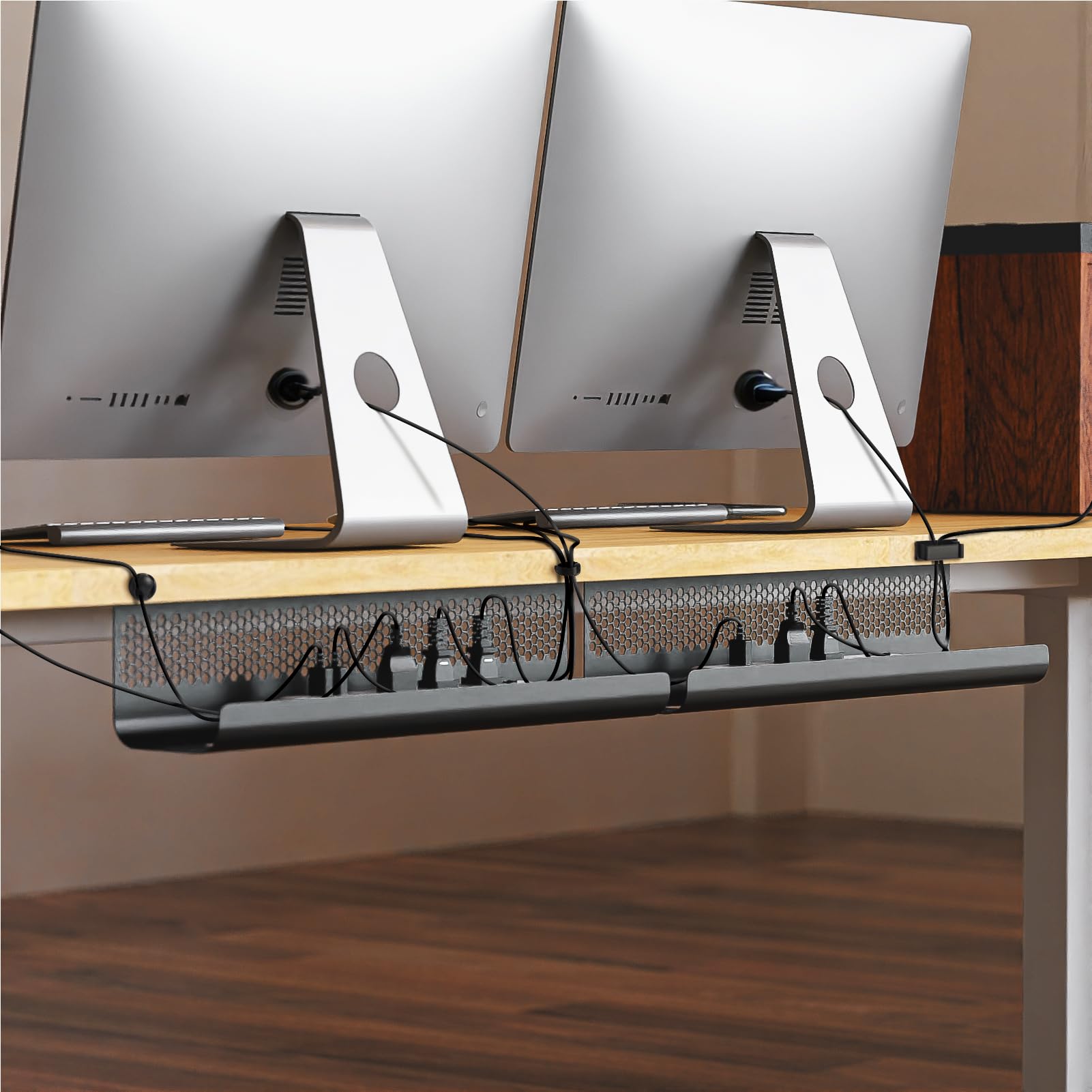 KHAMAL Organizador de cables debajo del escritorio, 26 piezas, kit de bandeja de gestión de cables, diseño hexagonal ventilado con clips de cables, bridas de alambre, soporte de cables y tornillos