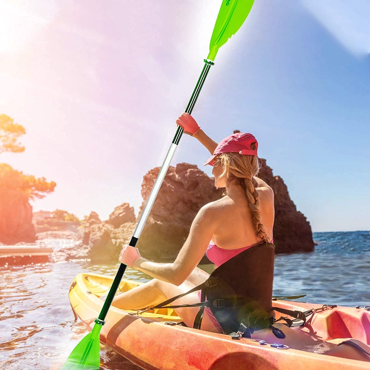 OVERMONT Pagaie de Kayak Double 230 cm avec Cordon de Sécurité, Pagaie Aluminium Démontable 2 Pièces, 3 Angles Réglables pour Kayak Gonflable, Canoë et Bateau