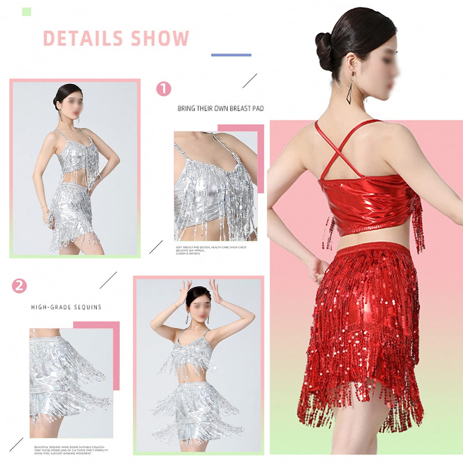 Top de Tirantes de Baile Latino con Flecos de Lentejuelas para Mujer con Almohadilla en el Pecho + Traje de Falda, Trajes de competición de Danza del Vientre/Pole Dance