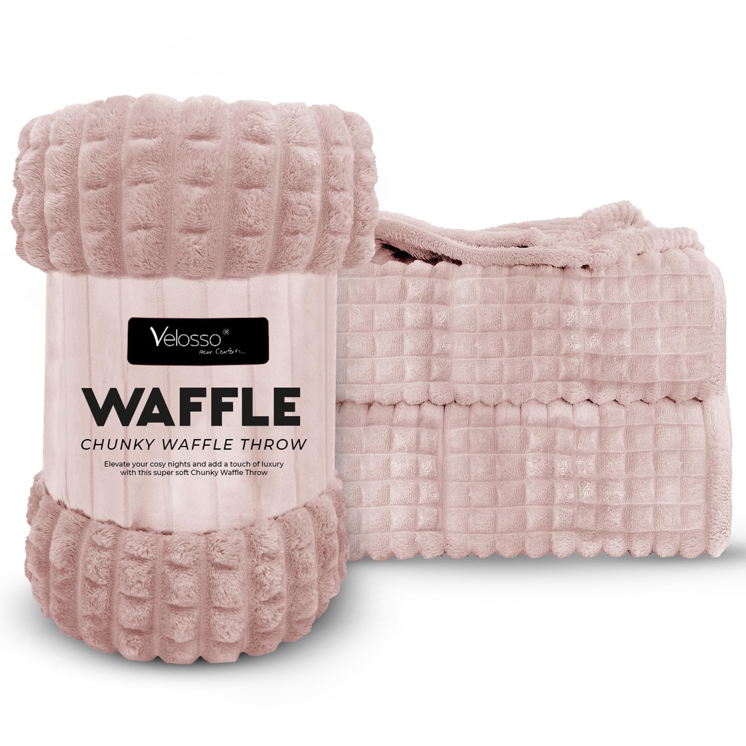 Velosso Chunky Waffle Bubble Squares Blanket Super Fuzzy Soft Faux Fur Mink Ribbed Blanket Throw For Sofas, Bed, Settee, Couch Extra Large (Blush Pink, 200x240cms)