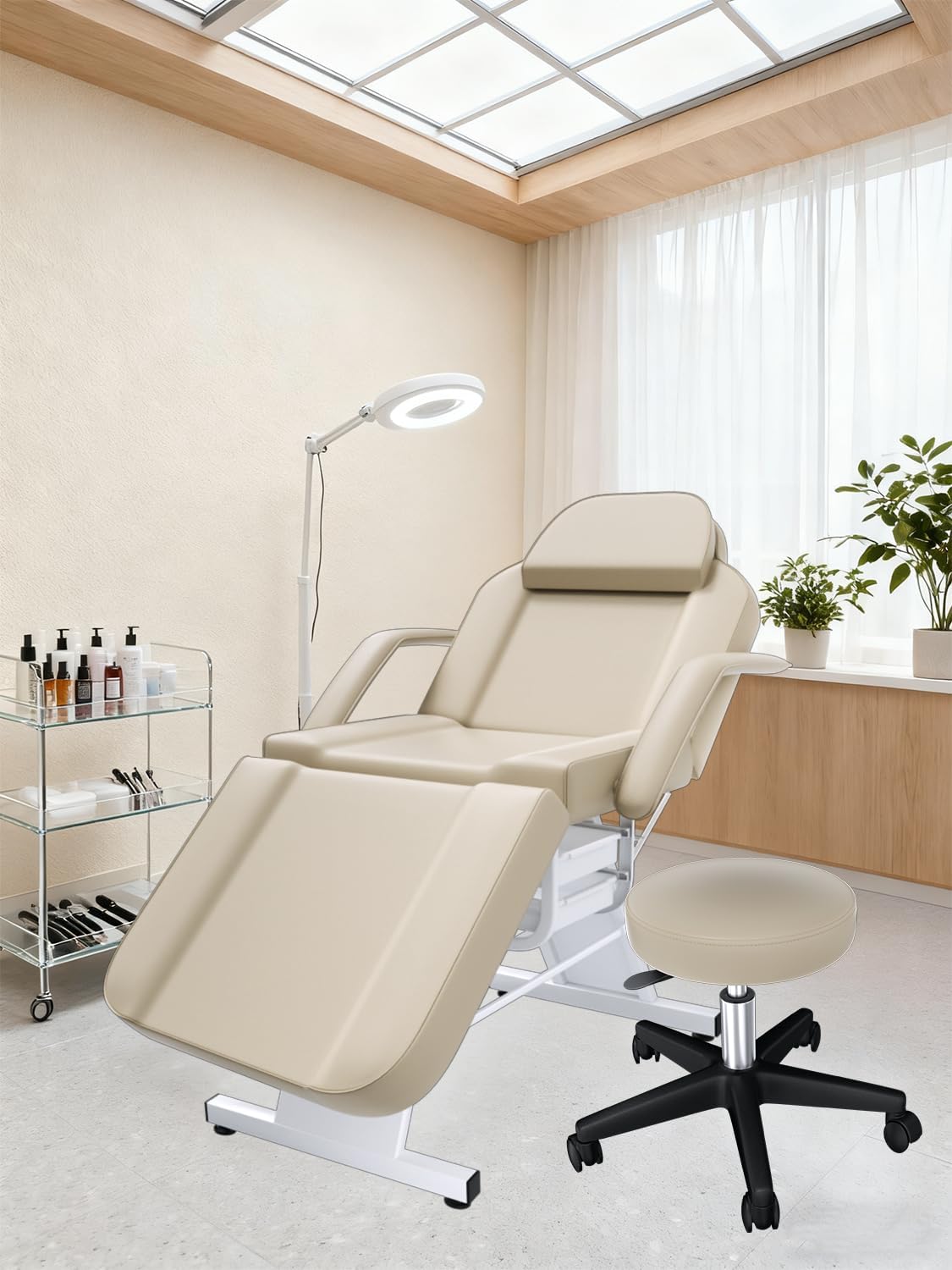 3-Section Tattoo Chair, Facial Beds for Esthetician Adjustable Professional Salon Massage Bed Tattoo Bed Chair with Spa Stool for Beauty Barber Spa Beauty Equipment, EPP Khaki