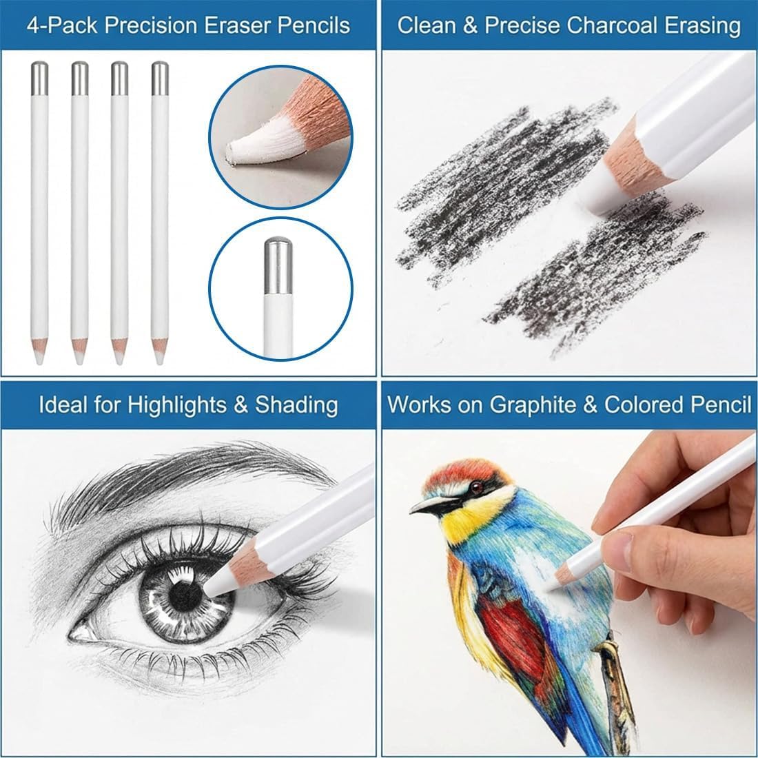 6 Difuminadores para Dibujo y 2 Lápices Goma Borrar, Goma Lápiz Precisión Blanco que Permiten Obtener un Efecto de Boceto Delicado y Realizar Retoques Precisos para Artistas, Bocetos y Pintura