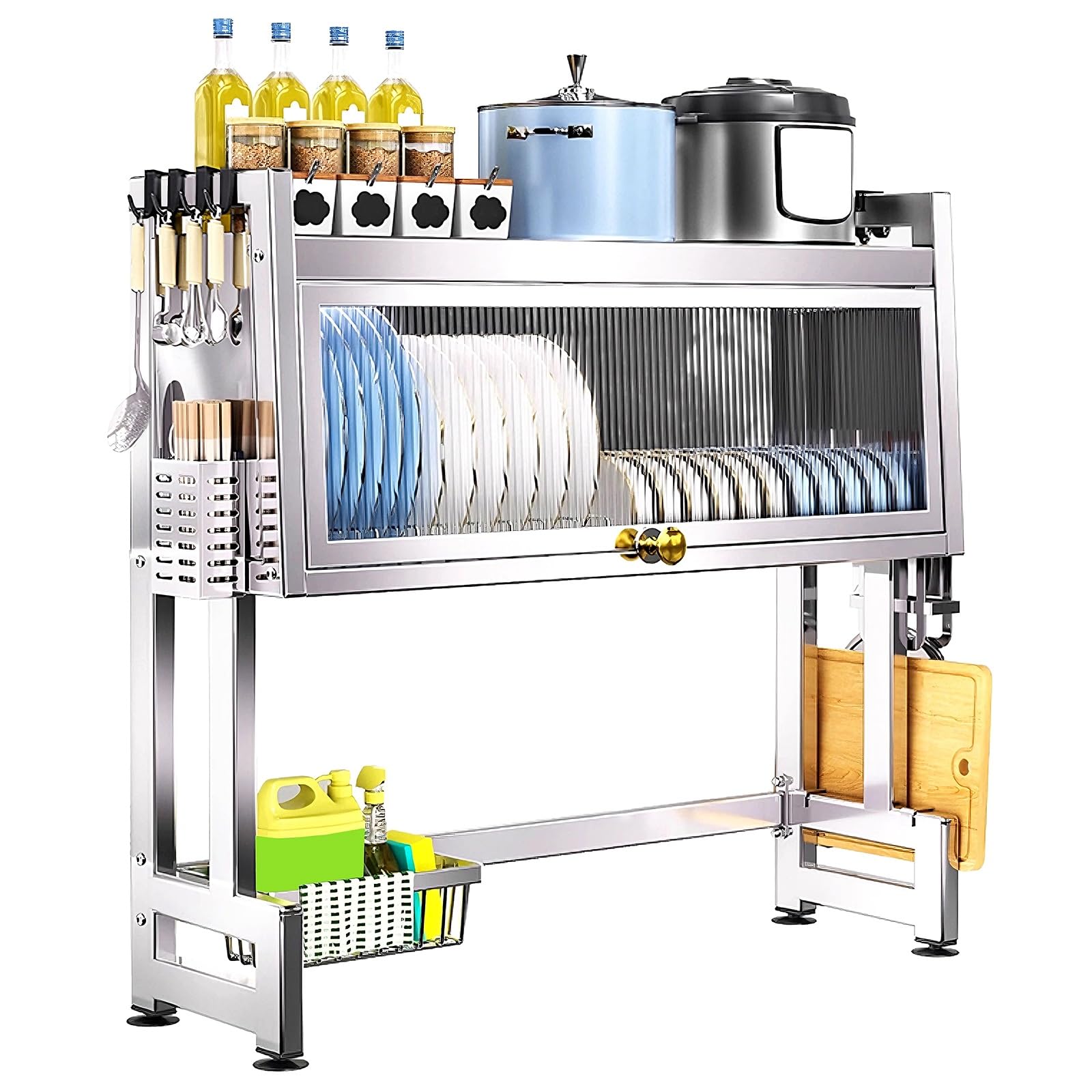 Abtropfgestell mit 2 Ablagen Über der Spüle Spülbecken Organizer Edelstahl Schmal mit Tür und Saugnapffüßen Küchenorganizer Spüle Organizer für Einzel und Doppelspülen(75 * 27.5 * 79.5cm)