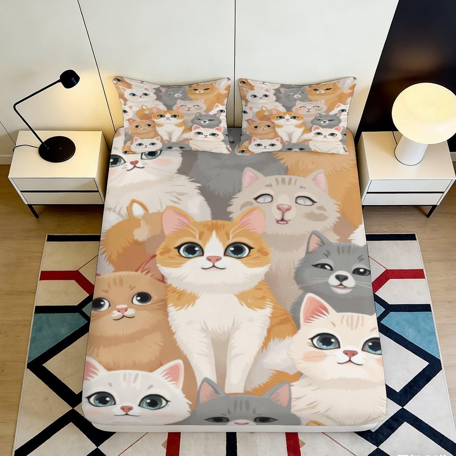 3D Printed Cute Cats Fitted Sheet Microfiber Soft Breathable Cartoon Kittens Bed Cover for Bedroom Dormitory Guest Room Mattress Protection Decor 120x200x25cm