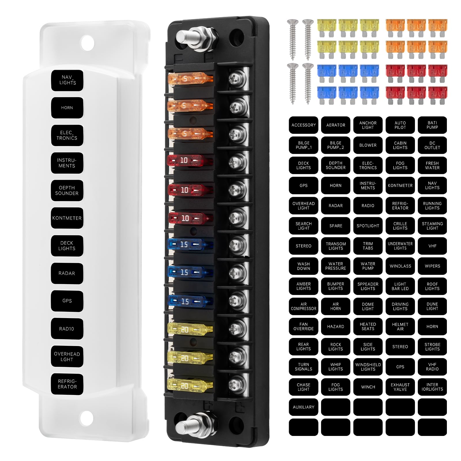 Scelrin 12 Way Marine Fuse Block, 12V Fuse Box with Led Indicator Waterproof Cover, Standard Circuit Marine Fuse Panel with Negative Bus for 12V/24V Automotive Car Truck Boat Marine Rv Trailer