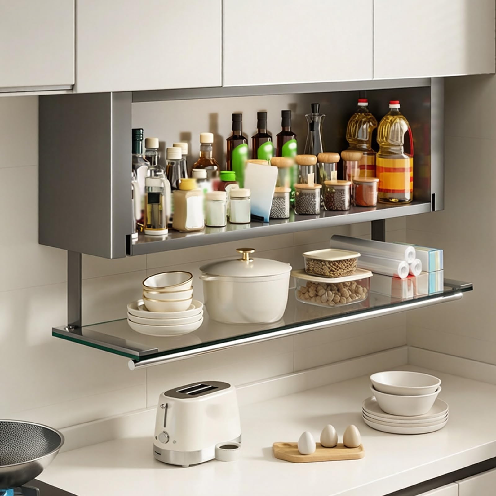 BHGFYXBS Wall Mounted Kitchen Cabinet With Tempered S Doors Double Layer Carbon Steel Se & Dish White Pantry Sto,Black-60 * 23.5 * 30Cm/23.6 * 9.3 * 11.8In,Black-60 * 23.5 * 30cm/23.6 * 9.3 * 11.8in