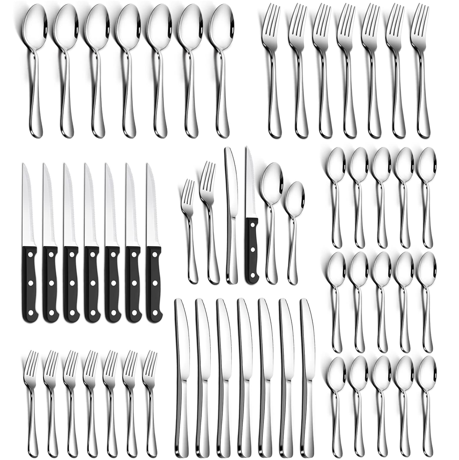 Teivio 56-Piece Silverware Set, Flatware Set Mirror Polished, Dishwasher Safe Service for 8, Include Knife/Fork/Spoon/Steak Knife/Extra Teaspoons