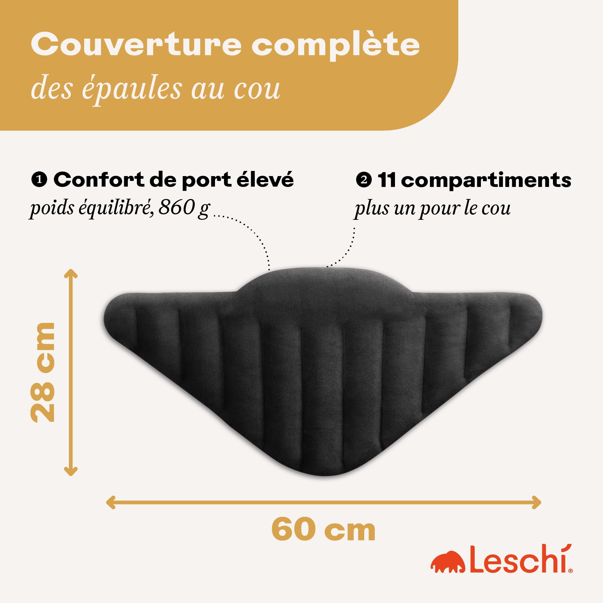 LESCHI XXL Coussin chauffant micro ondes (60x28cm) en coton 100% bio, 11 compartiments, noir, Bouillotte graines de blé 100% bio, Bouillotte micro-ondes idéale pour réchauffer épaules, cou, dos, nuque