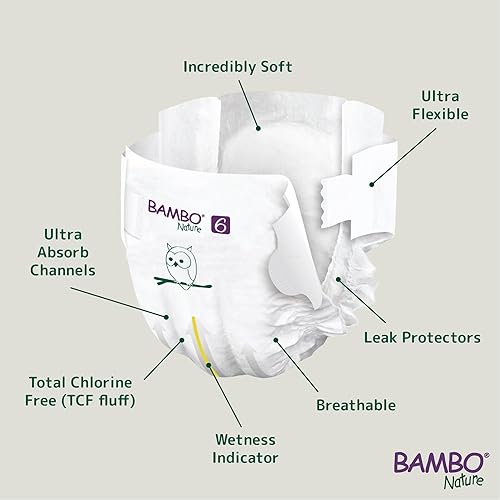 Miniatura 5 de Bambo Nature Pañales hipoalergénicos para bebé, pañales con etiqueta ecológica, protección mejorada contra fugas, totalmente libres de cloro,