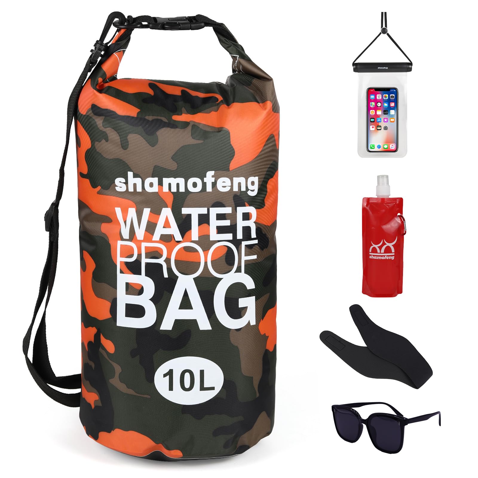 shamofeng Waterproof Dry Bag 5L/10L/15L/20L/30L Roll Top Dry Storage Backpack with Phone Case, Collapsible Water Bottle, Sunglasses, Ear Band for