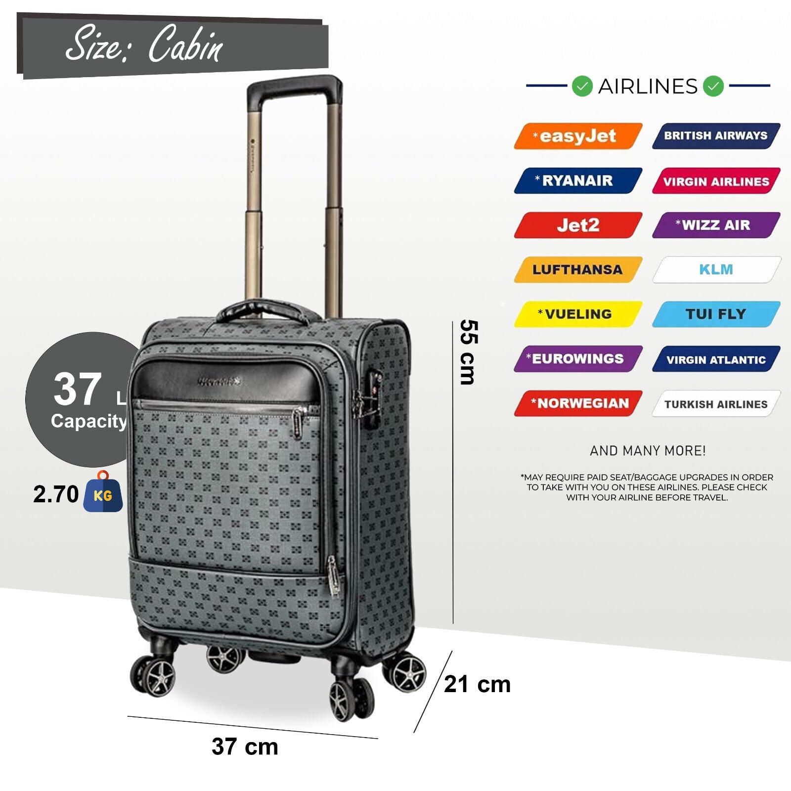 Infinity Leather Walizka Soft Shell Bagaż Kabina Kosmetyczka Podróżny Zestaw walizek, szary, Cabin 21", Bagaż podręczny