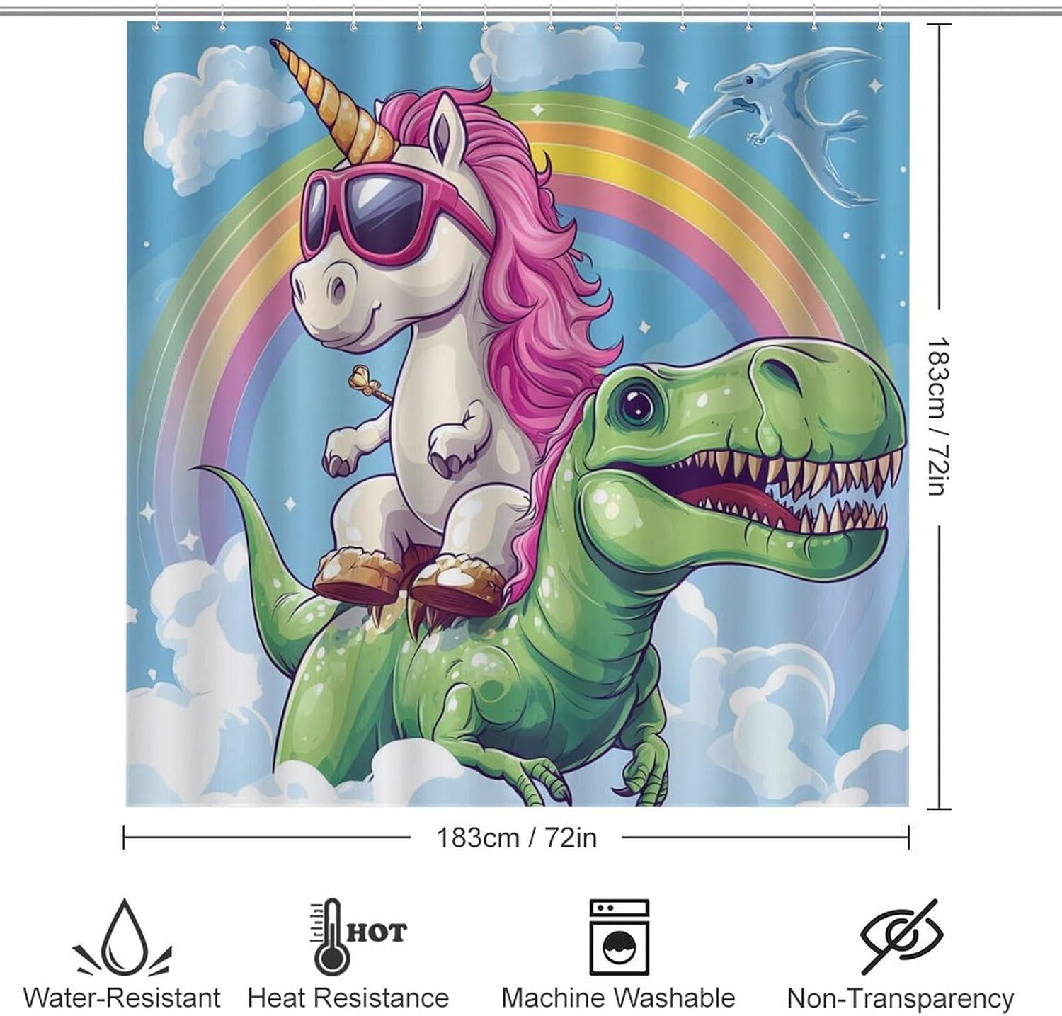 Unicorm on Dinosaur Rainbow Bathroom Sets with Shower Curtain and Rugs 4 Piece with U-Shaped Floor Mat Toilet Lid Cover