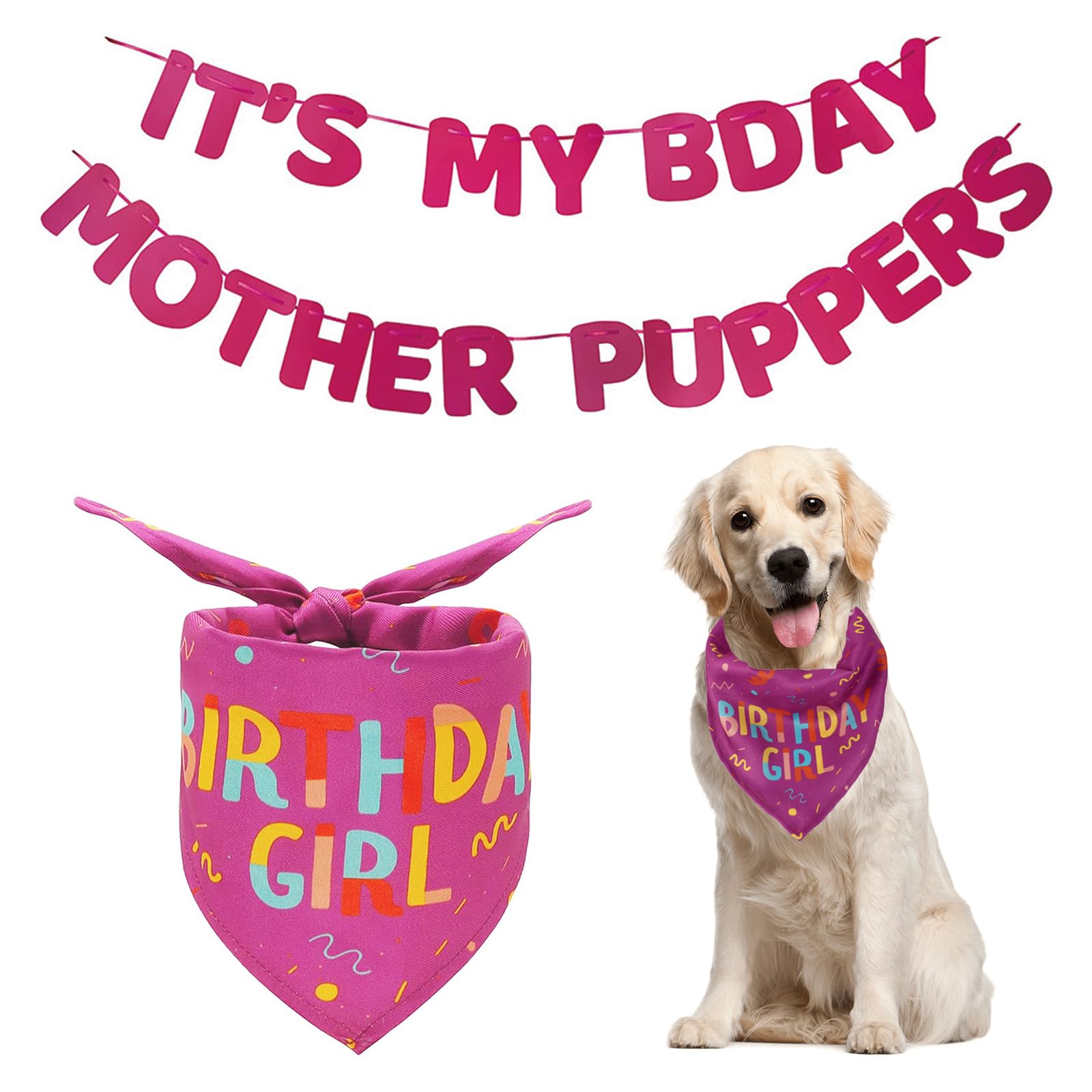 Dog Birthday Party Supplies, Dog Birthday Bandana, Happy Birthday Banner,Triangle Scarf, for Pet Boy/Girl, Party Accessories (Pink)