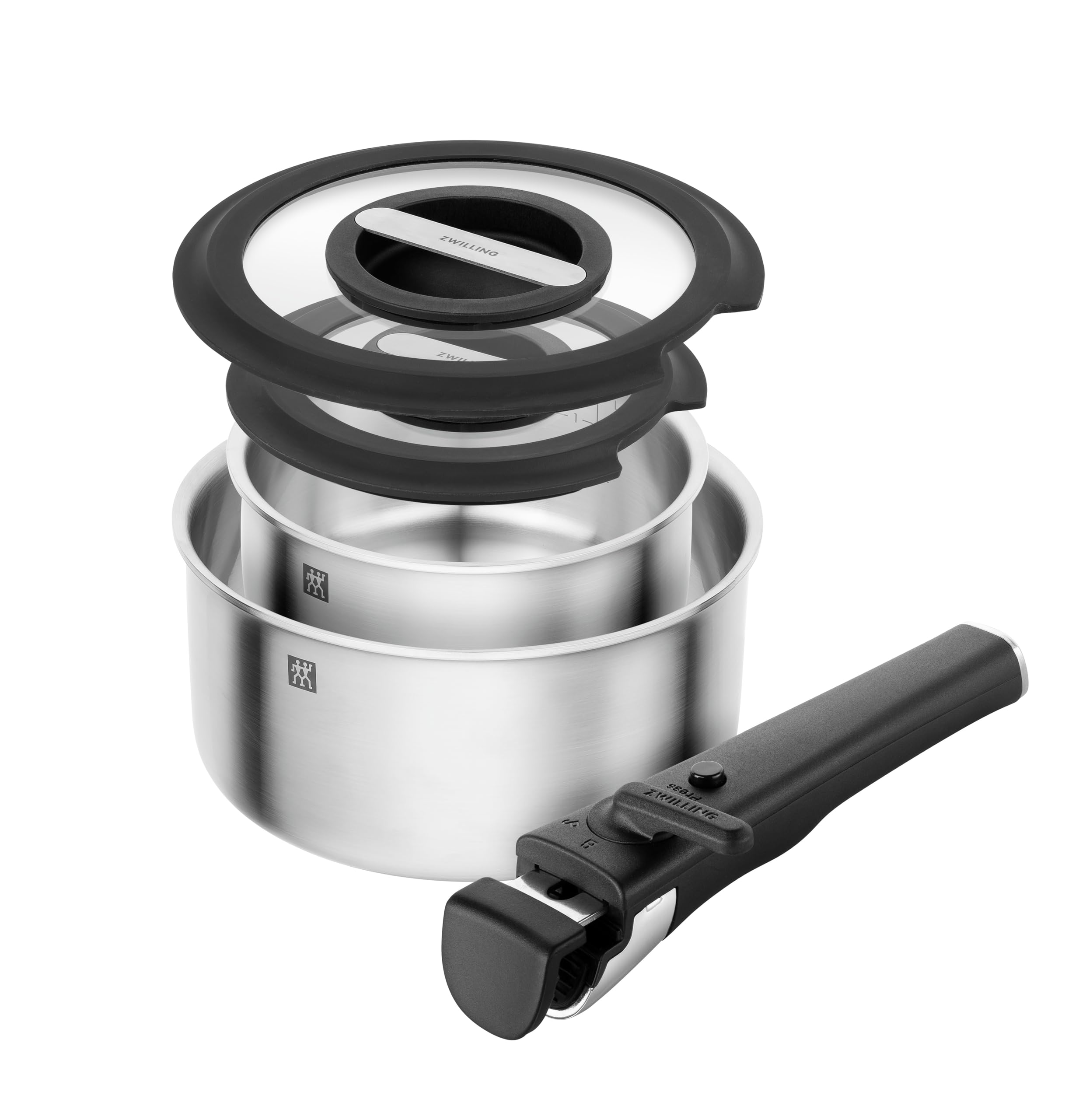 ZWILLING Unlock Batterie de cuisine 5 pièces (casserole 20 + 16 cm, poignée, 2 couvercles en verre), empilable, poignée amovible, acier inoxydable 18/10, pour tous les types de feux, y compris