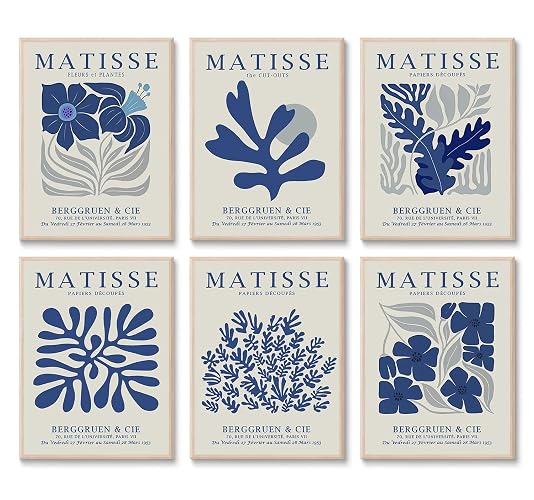 6 Pcs Navy Blue Matisse Wall Art Preppy Flower Market Paintings Prints Posters Trendy Abstract Aesthetic Minimalist Boho Gallery Canvas Wall Decor for Living Room Bedroom Bathroom 8x10in Unframed - Blue - 8"Wx10"H