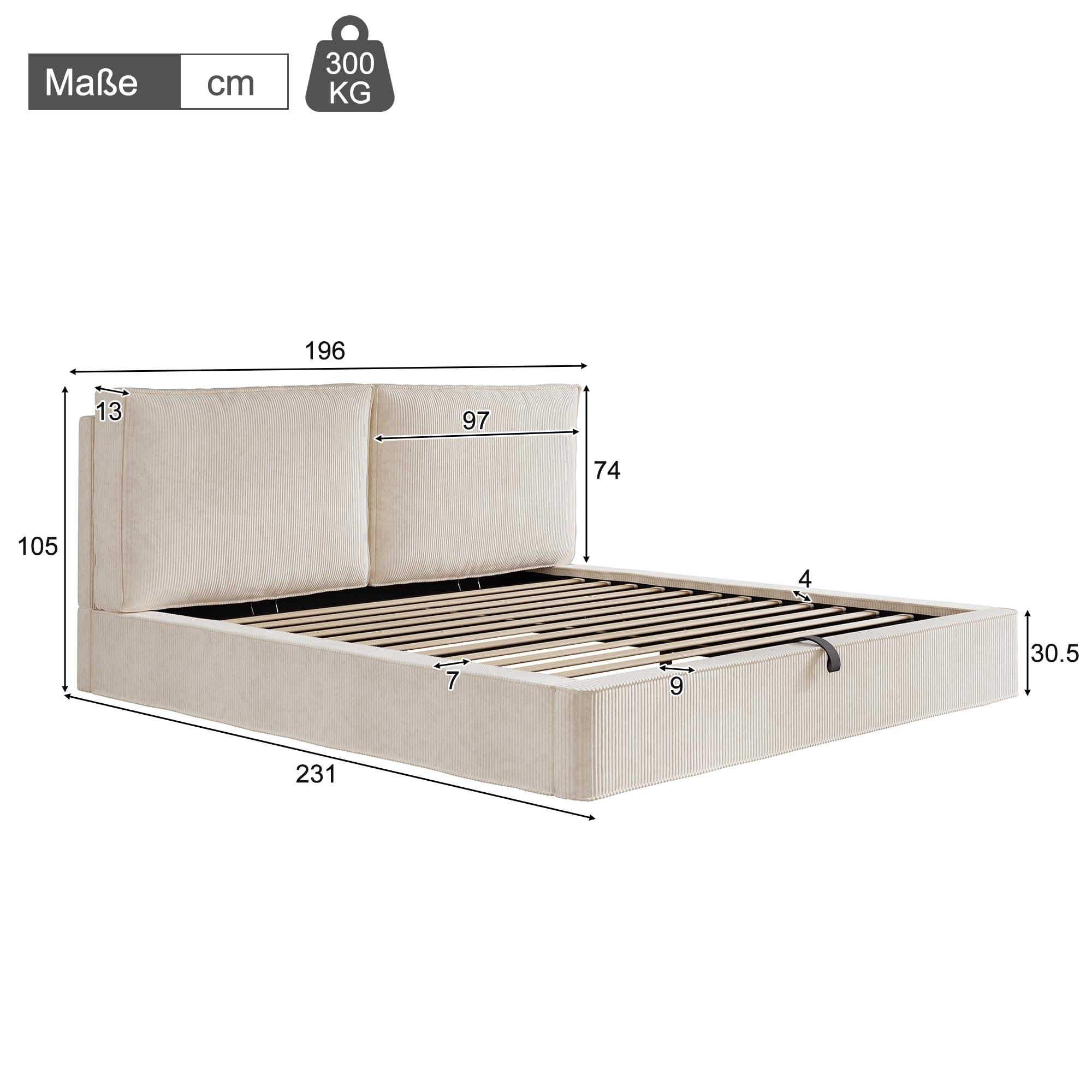 Merax Polsterbett Doppelbett 180x200 cm mit hydraulischem Stauraum & Lattenrost, Samt, 13 cm Dickes gepolstertes Kopfteil (105 cm hoch), eingebaute Struktur, Cord, Beige (Ohne Matratze)