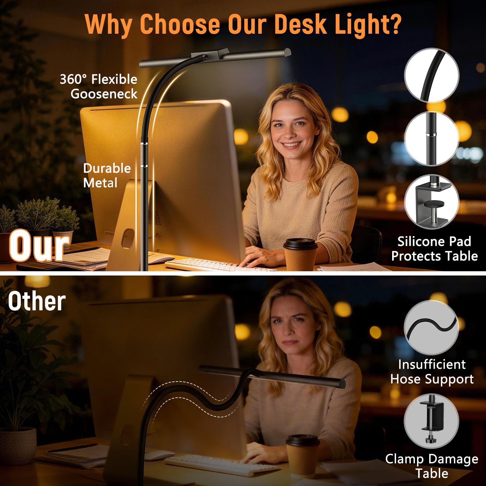 LED Desk Lamp for Home Office, Flexible Gooseneck Desk Lamp with Clamp, 5 Color Touch Control Stepless Dimming Adjustable Eye-Caring Desk Light with Adapter for Reading, Drafting, Study, Workbench - 4