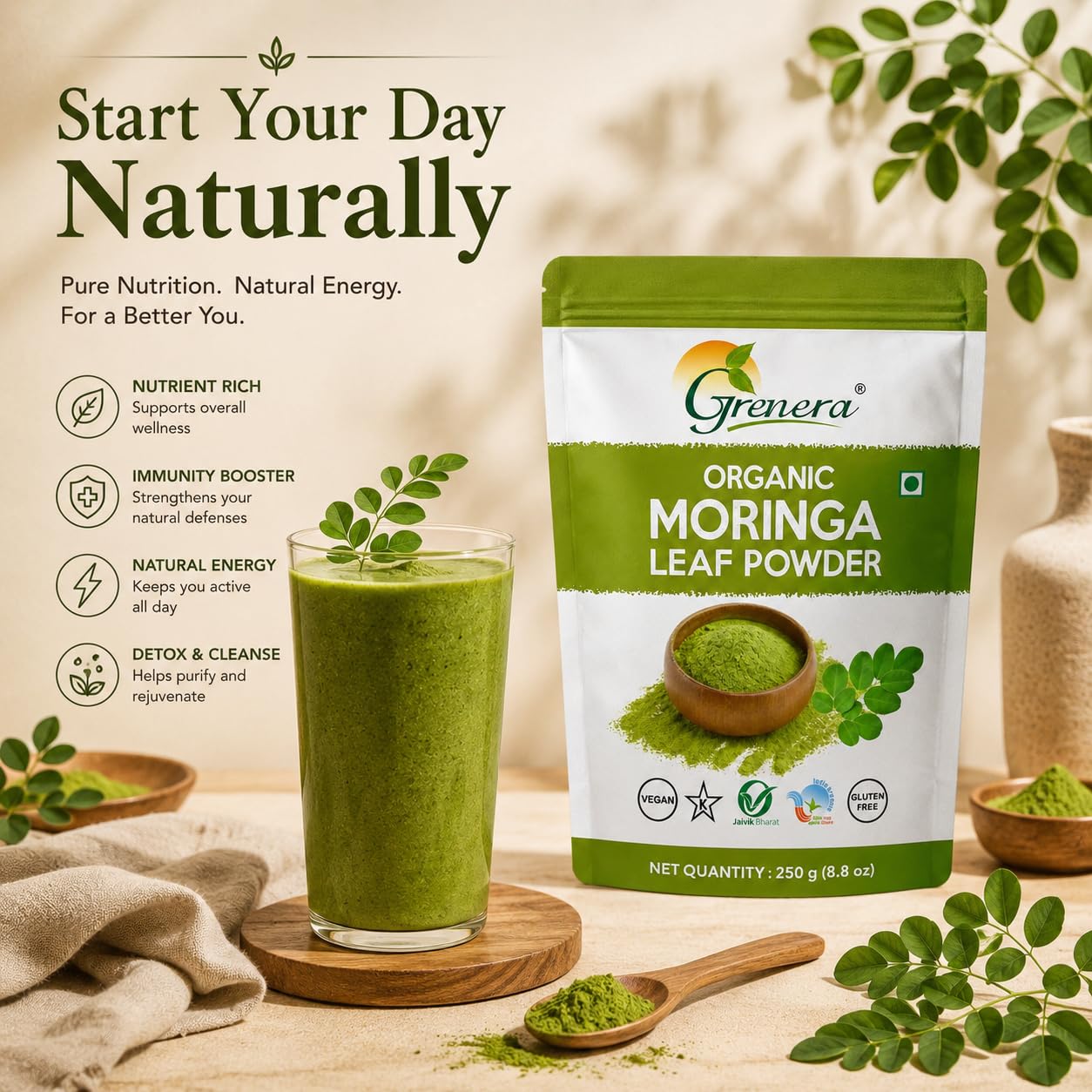 Grenera Organic Moringa Leaf Powder 1 kg, Drumstick Leaf Powder, Pure Shigru for Healthy Life, Organic Certified, No Chemicals or Preservatives 4