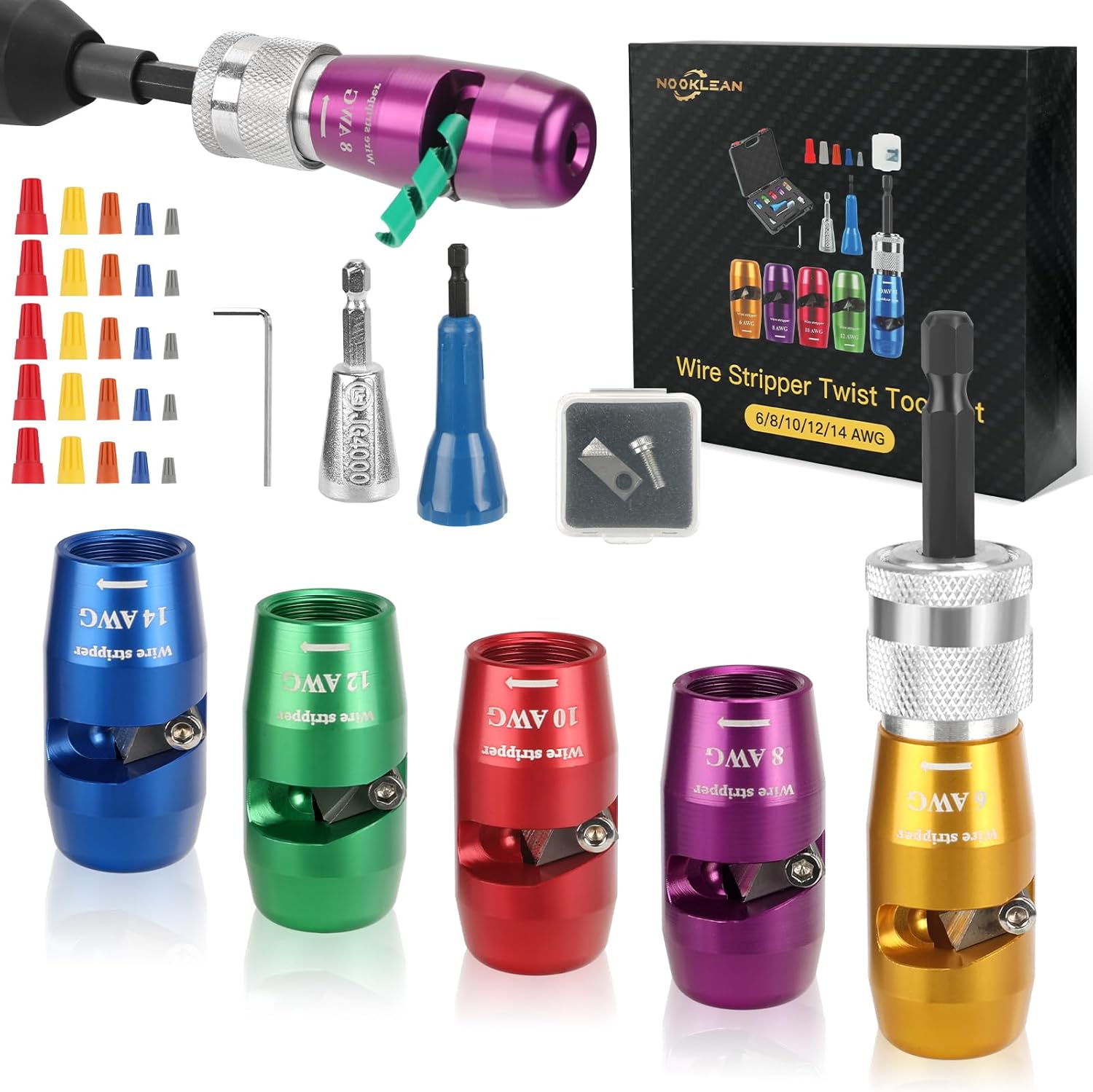 Wire Stripper for Drill, 2025 Upgraded Wire Stripper and Twister Kit, 8 in 1 Electrician Wire Nut Twister for 14-6 AWG, Quick Cable Stripping, Professional Twisting Tool for Drill Attachment