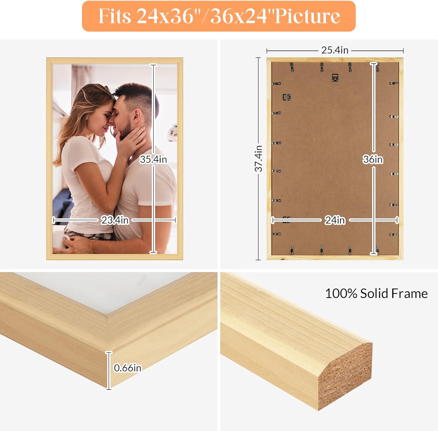 Wood 24x36 Poster Frame, Rustic Natural 36x24in Woodgrain Picture Photo Frame, Modern Beige 24 x 36inch Gallery Wall Frame with HD Plexiglass, Horizontal Vertical Wall Mounting Display 1pcs